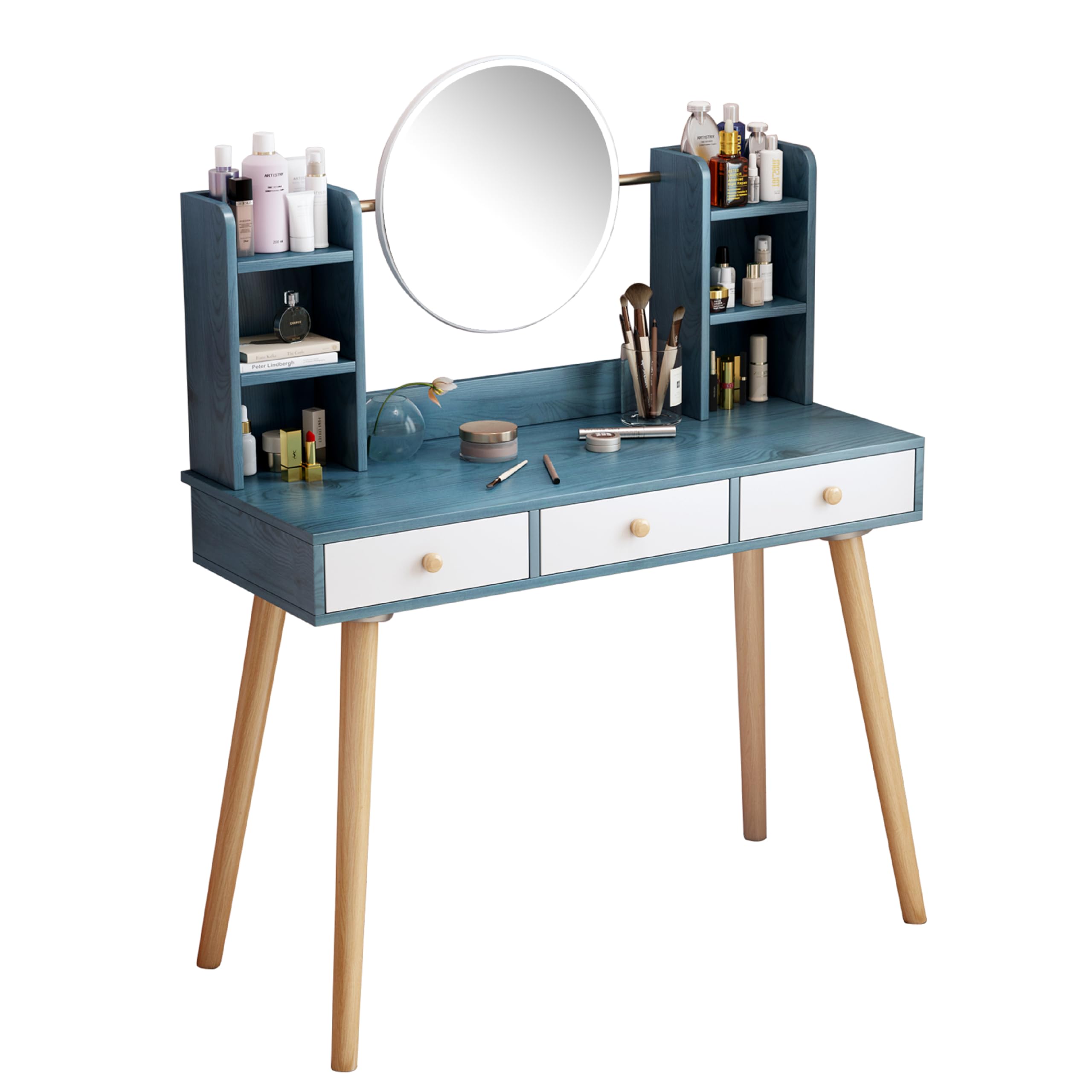 Small Makeup Vanity Desk with 3 Drawers & Adjustable 3-Color LED Mirror, 6 Storage Shelves - Fashion Blue Dressing Table for Bedroom, Perfect for Makeup Application and Jewelry Organization