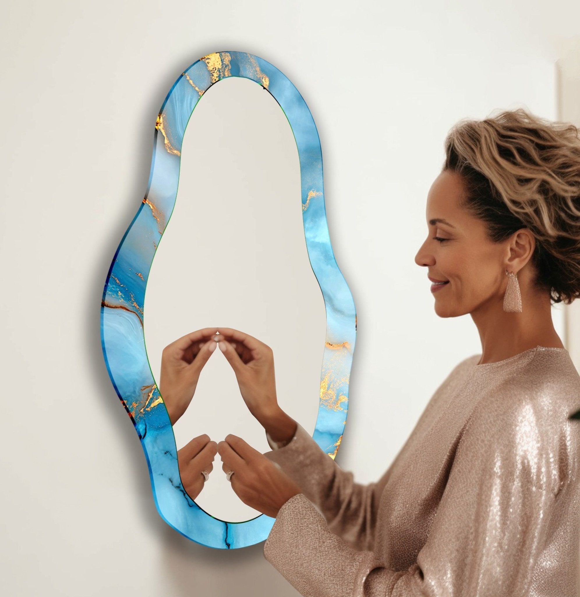 Abstract Blue Asymmetrical Wall Mirror - Modern Decorative Mirror for Living Room, Bedroom, or Entryway - Unique Home Decor Accent Piece