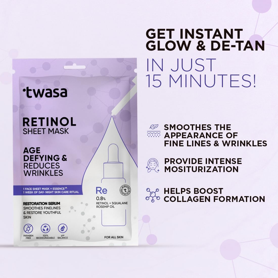 **Twa'sa Retinol Serum Face Sheet Mask - Anti-Aging, Brightening & Hydrating Treatment for Wrinkles, Dark Spots & Uneven Skin Tone | Boosts Collagen for Smoother Skin | Pack of 5 (20ml Each) | Perfect for Nighttime Skincare Routine & Travel Essentials**
