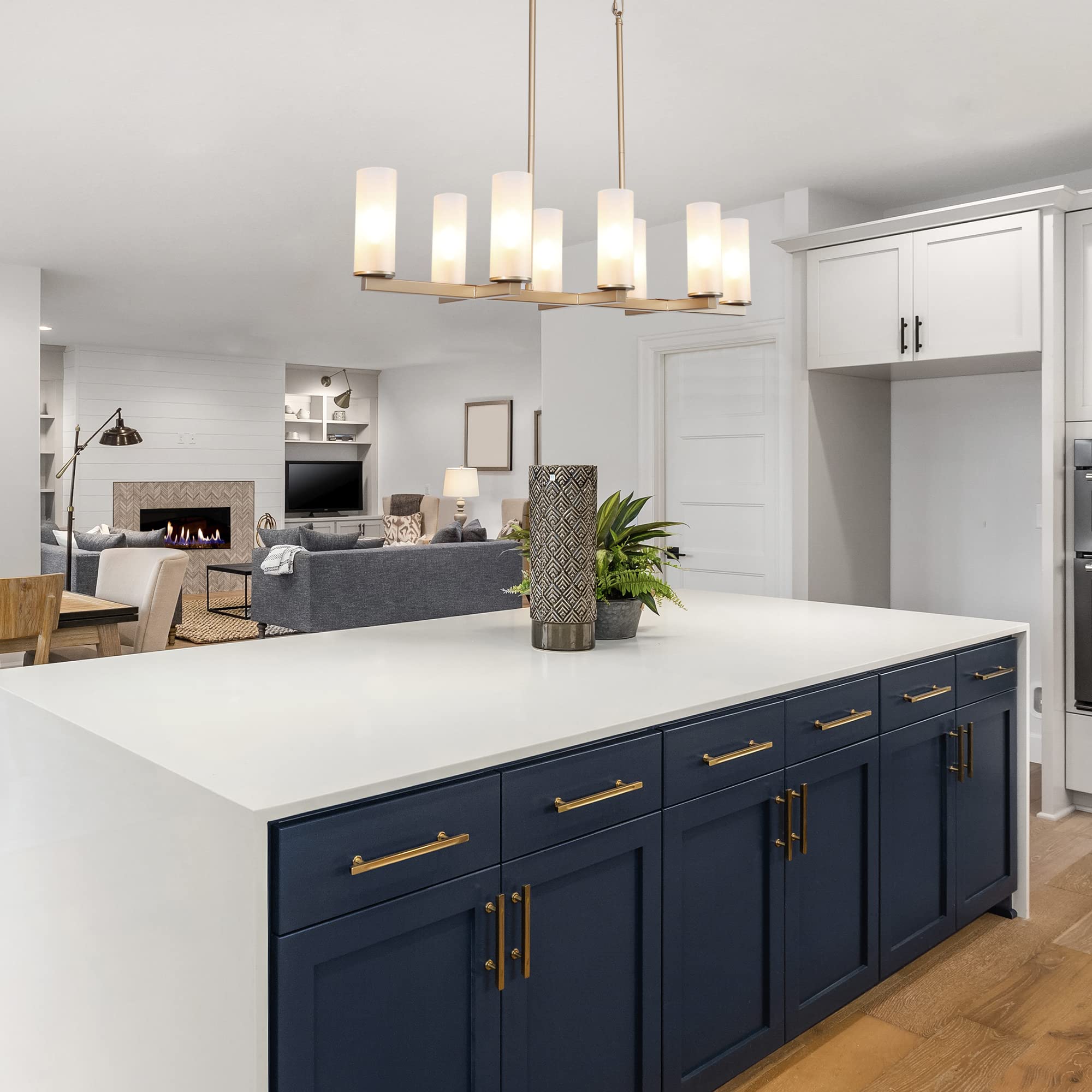 Modern 8-Light Gold Chandelier with Frosted Glass Shades - Dimmable Linear Island Lighting for Dining Room & Kitchen - Elegant Metal Ceiling Fixture for Home Decor (Perfect for Farmhouse, Modern & Contemporary Interior Design)