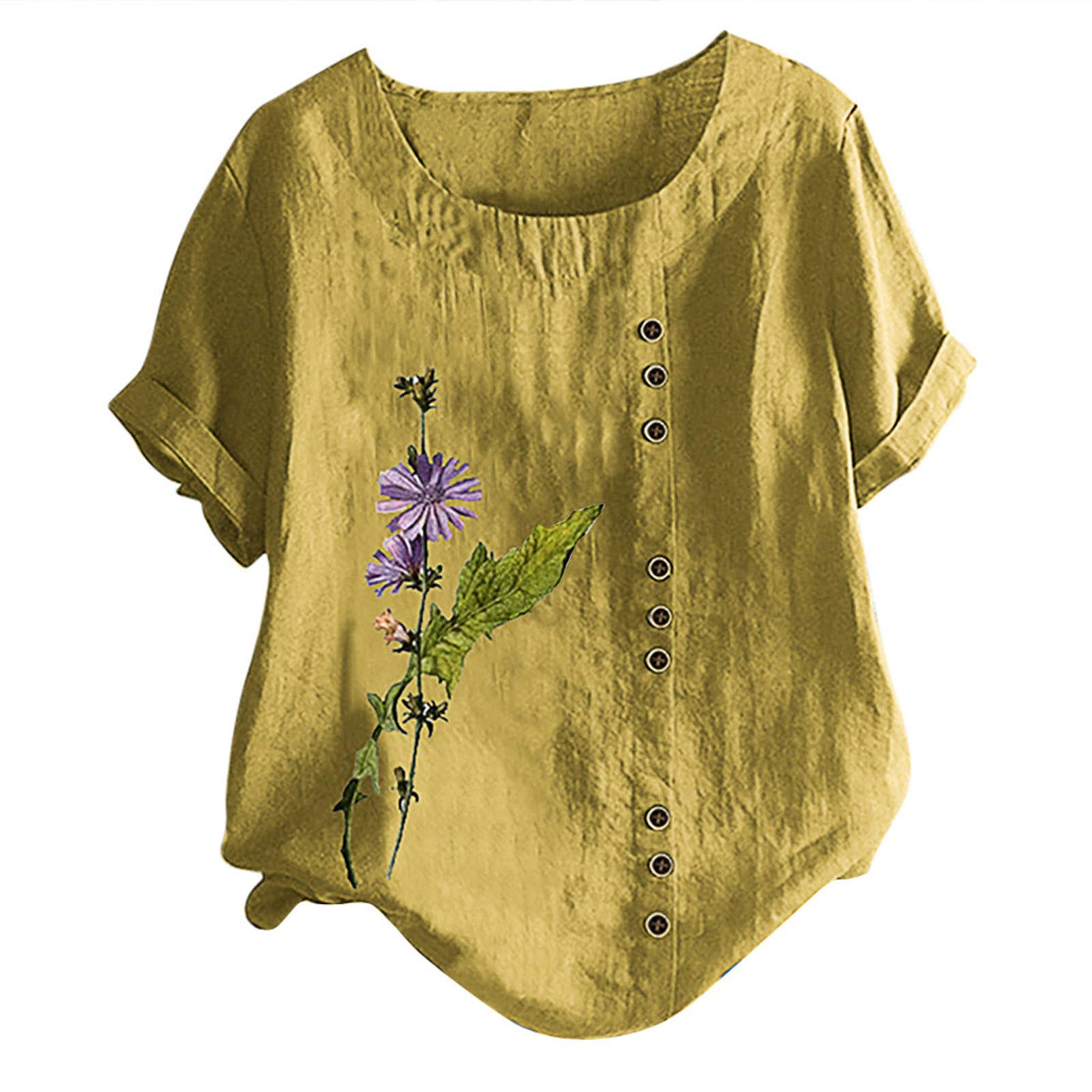Women's Casual Short Sleeve Summer Floral Print Cotton Linen Blouse - Loose Crew Neck T-Shirt Top for Plus Size | Perfect for Beach Outings, Picnics & Everyday Wear