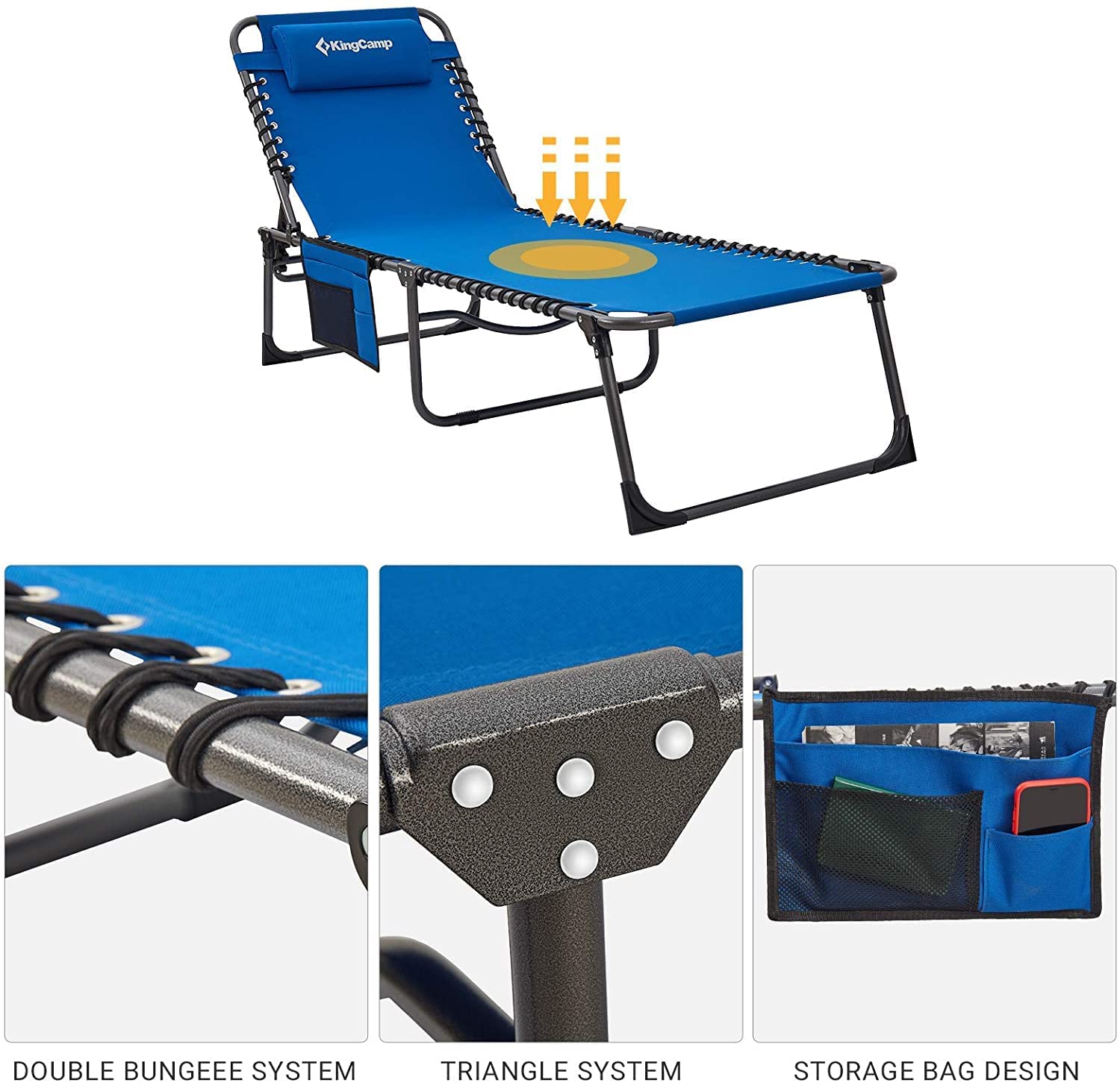 KingCamp Outdoor Chaise Lounge Chair - Foldable Sun Chair for Patio, Camping, Beach, Pool & Garden - Heavy Duty Portable Adjustable Recliner with Pillow - Perfect for Sunbathing, Relaxing in Yard or Lawn