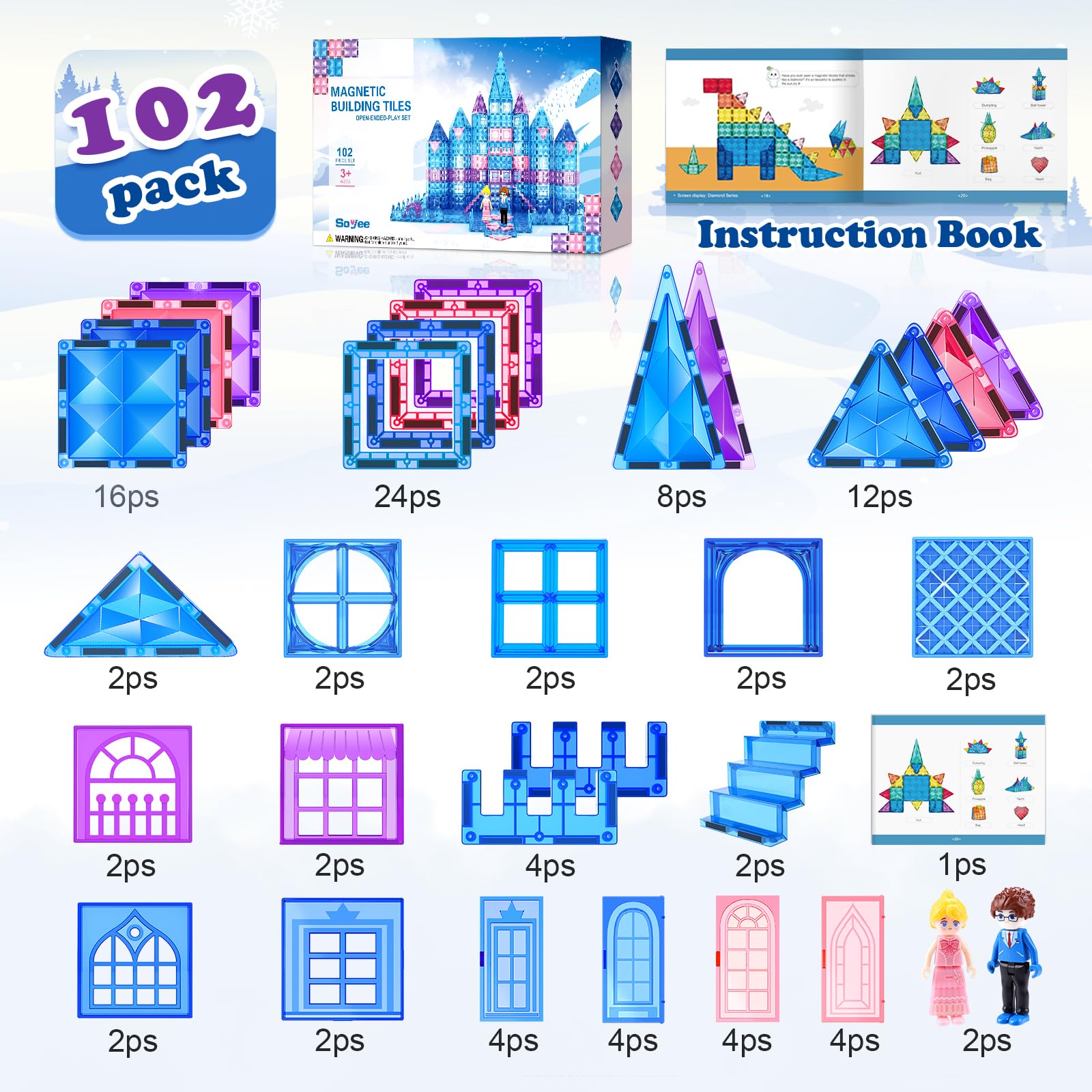 102-Piece Magnetic Building Blocks Set with Stairs & Dolls - Princess Castle Construction Toy for Girls Ages 3-8 | STEM Learning, Creative Play, Birthday & Christmas Gift for Toddlers & Kids | Perfect for Indoor Playtime, Classroom Activities & Family Bonding