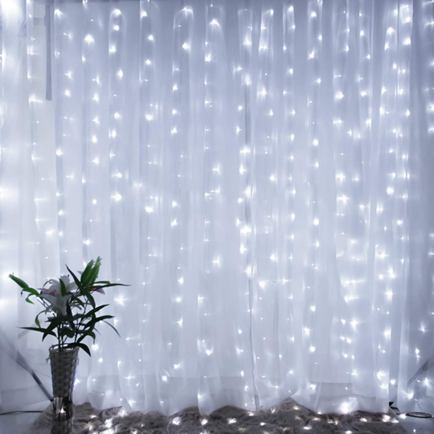 Brightown 600 LED 20 Feet Dimmable Window Curtain Lights with Remote - 8 Lighting Modes & Timer, Fairy String Lights for Bedroom, Wall, Wedding Decor - Pure White (No Curtain Included) - Perfect for Indoor/Outdoor Parties, Holidays & Romantic Ambiance