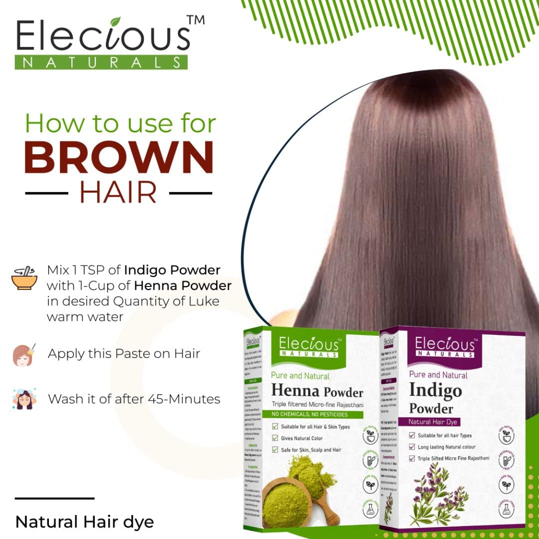 Elecious Naturals Indigo and Henna Powder for Black Hair - 200g Each, Total 400g | 100% Natural Hair Dye for Gray Coverage & Hair Coloring | Perfect for DIY Hair Treatments at Home