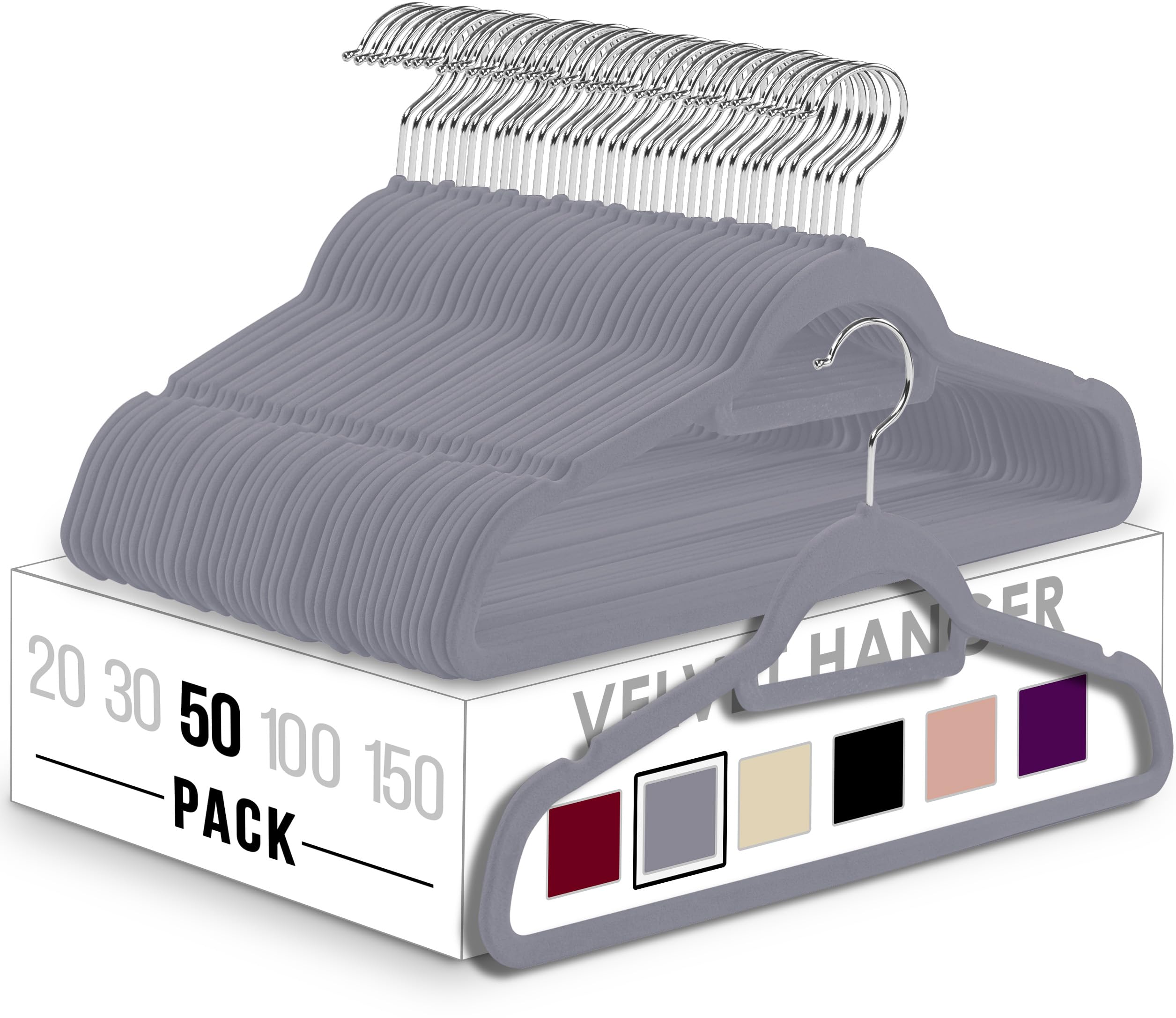 Utopia Home 50-Pack Premium Velvet Non-Slip Clothes Hangers with Tie Bar - 360° Rotatable Heavy Duty Coat Hangers (Grey) - Perfect for Closet Organization, Travel & Delicate Garment Care