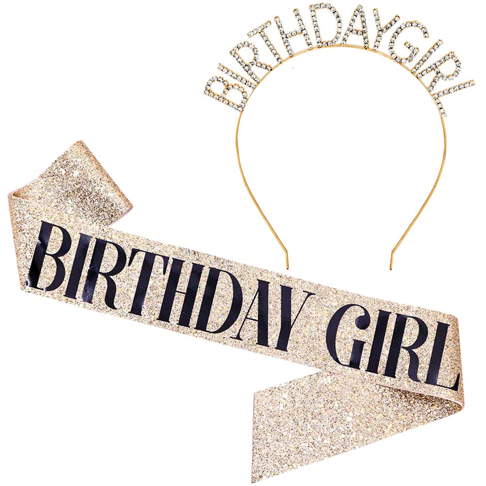 Birthday Girl Sash & Rhinestone Headband Set - Women's Birthday Party Accessories, Gold Glitter & Black Tiara for Bachelorette, Bridal Shower, Girls Night Out