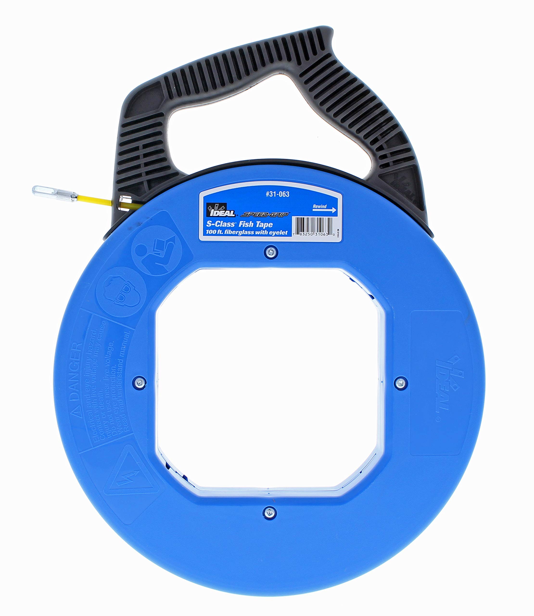 IDEAL Electrical 31-063 S-Class Fiberglass Fish Tape – 0.1875 in. x 100 ft. Non-Conductive Fishing Wire for Electricians, with 12 in. Metal Eyelet & Tuff-Grip Pro Case – Perfect for Wiring, Conduit Pulling, and Cable Installation in Residential & Commercial Buildings