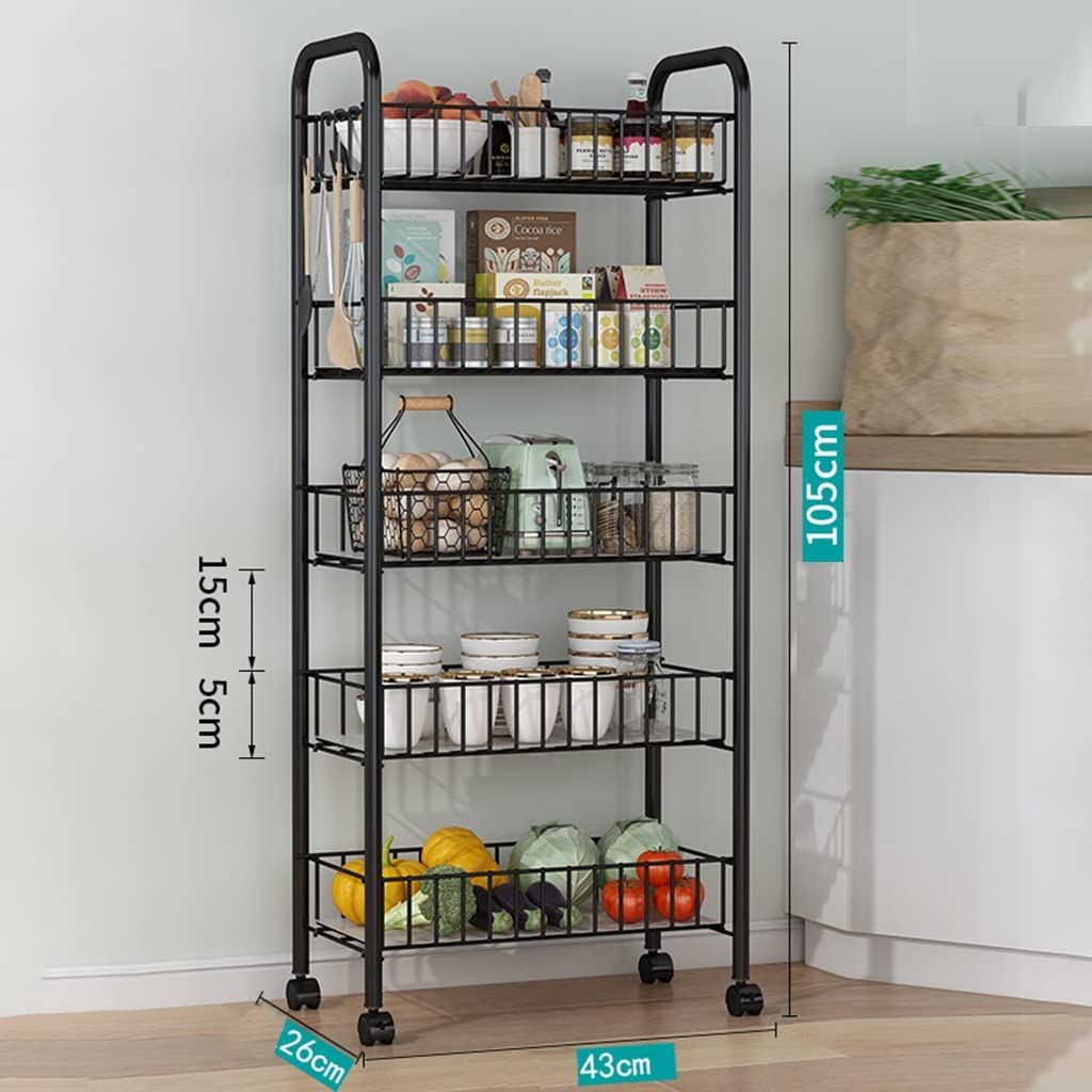 5-Tier Slim Rolling Cart with Slide-Out Shelf & Wheels - Mesh Basket Storage Organizer for Kitchen, Bathroom, Office - Easy Assembly Space-Saving Shelving Unit (43 x 26 x 105cm) - Perfect for Small Spaces, Pantry Organization & Mobile Storage Solutions