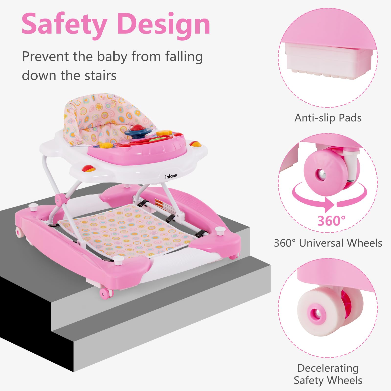 INFANS 5-in-1 Baby Walker for Toddlers - Adjustable Height Learning Walker with Removable Music Tray, Washable Seat Cushion & Foldable Design - Safe Rocker Bouncer Activity Center for Boys & Girls (Pink) - Perfect for Home Playtime & Early Childhood Development