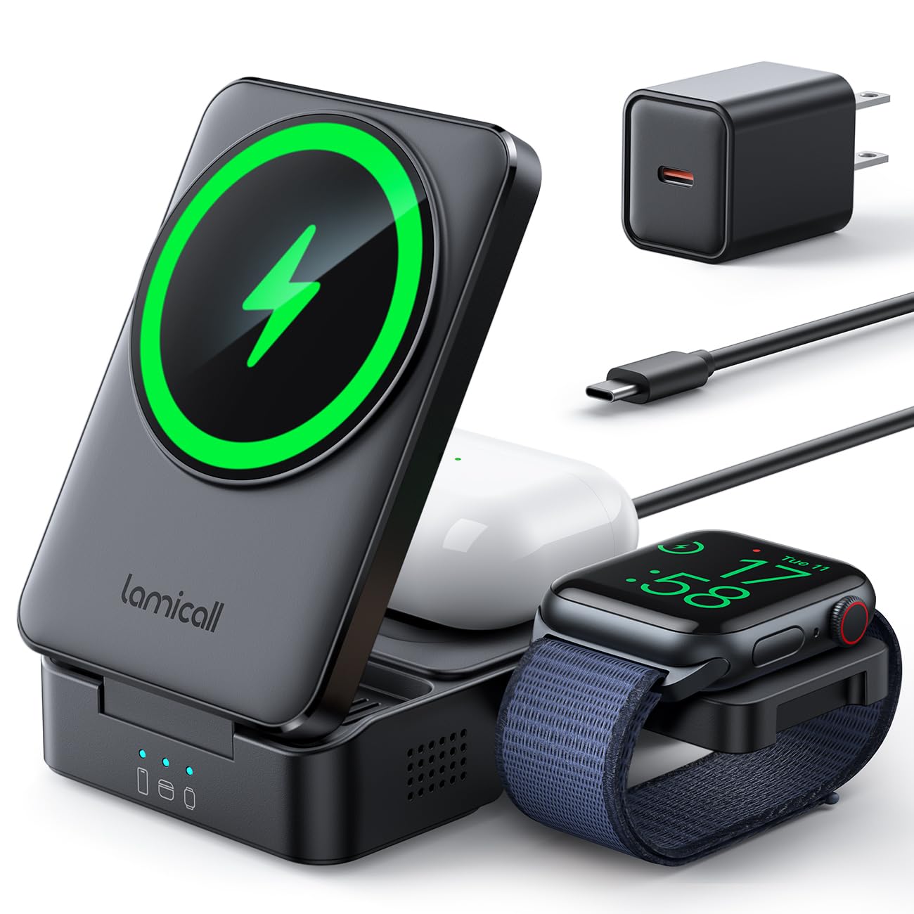 3-in-1 Foldable MagSafe Charging Station for iPhone 16/15/14/13, Apple Watch & AirPods - Portable Wireless Charger Stand with Fast Charging | Perfect for Travel, Office & Nightstand Use