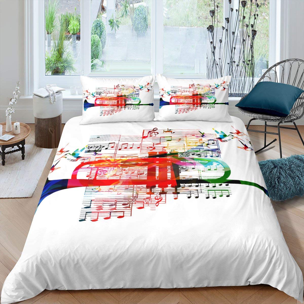 Erosebridal Music Notes Bedding Set - Colorful Trumpet Duvet Cover Twin Size with Hummingbirds, Classical Music Themed Comforter Cover for Kids & Adults - Hippie Style Bedspread for Dorm Room Decor & Bohemian Bedroom Aesthetic