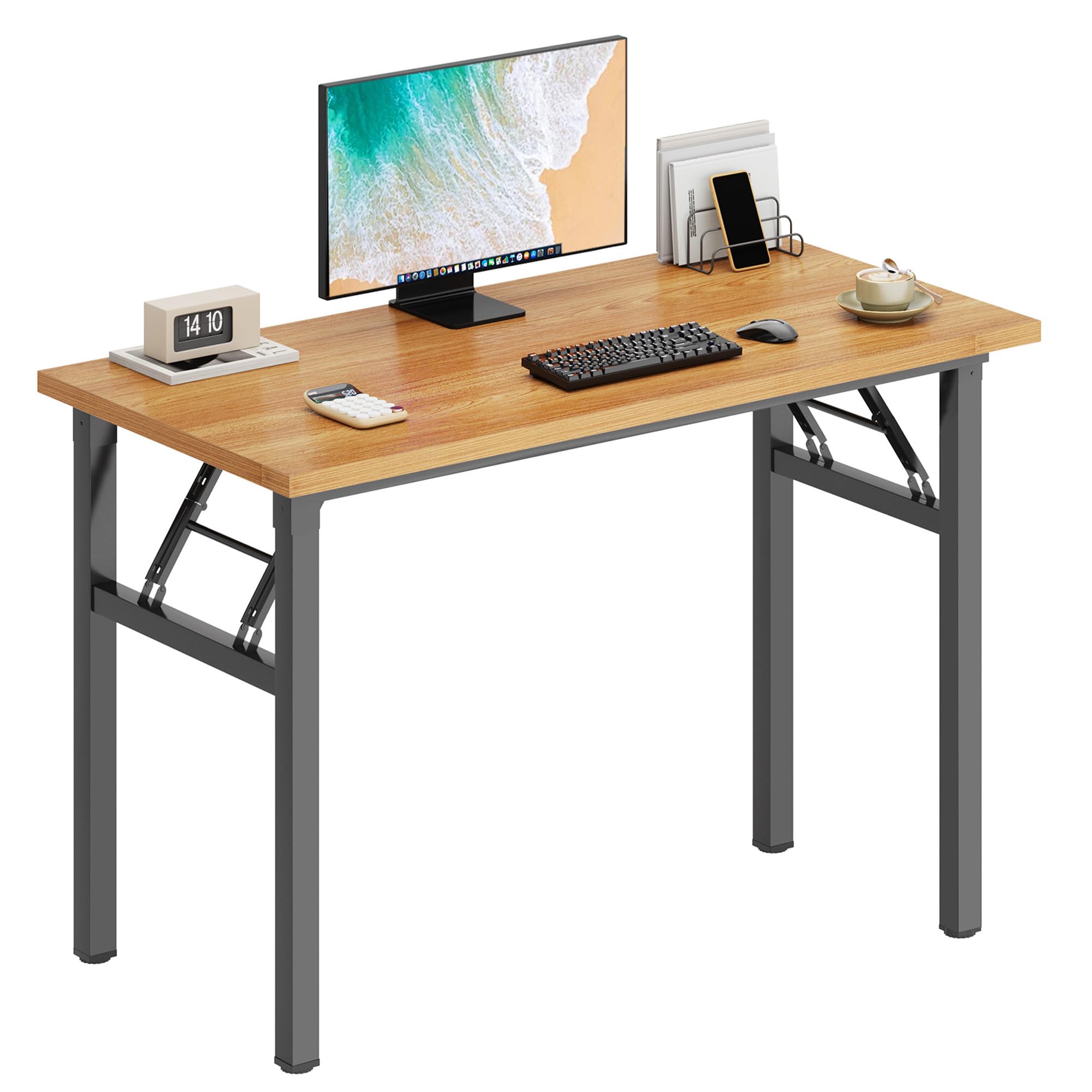 DLandHome 39.4 Inch Folding Computer Desk - Space Saving Writing Desk for Small Spaces, Study Table & Laptop Workstation (Teak & Black, No Assembly Required) - Perfect for Home Office, Dorm Room & Small Apartments