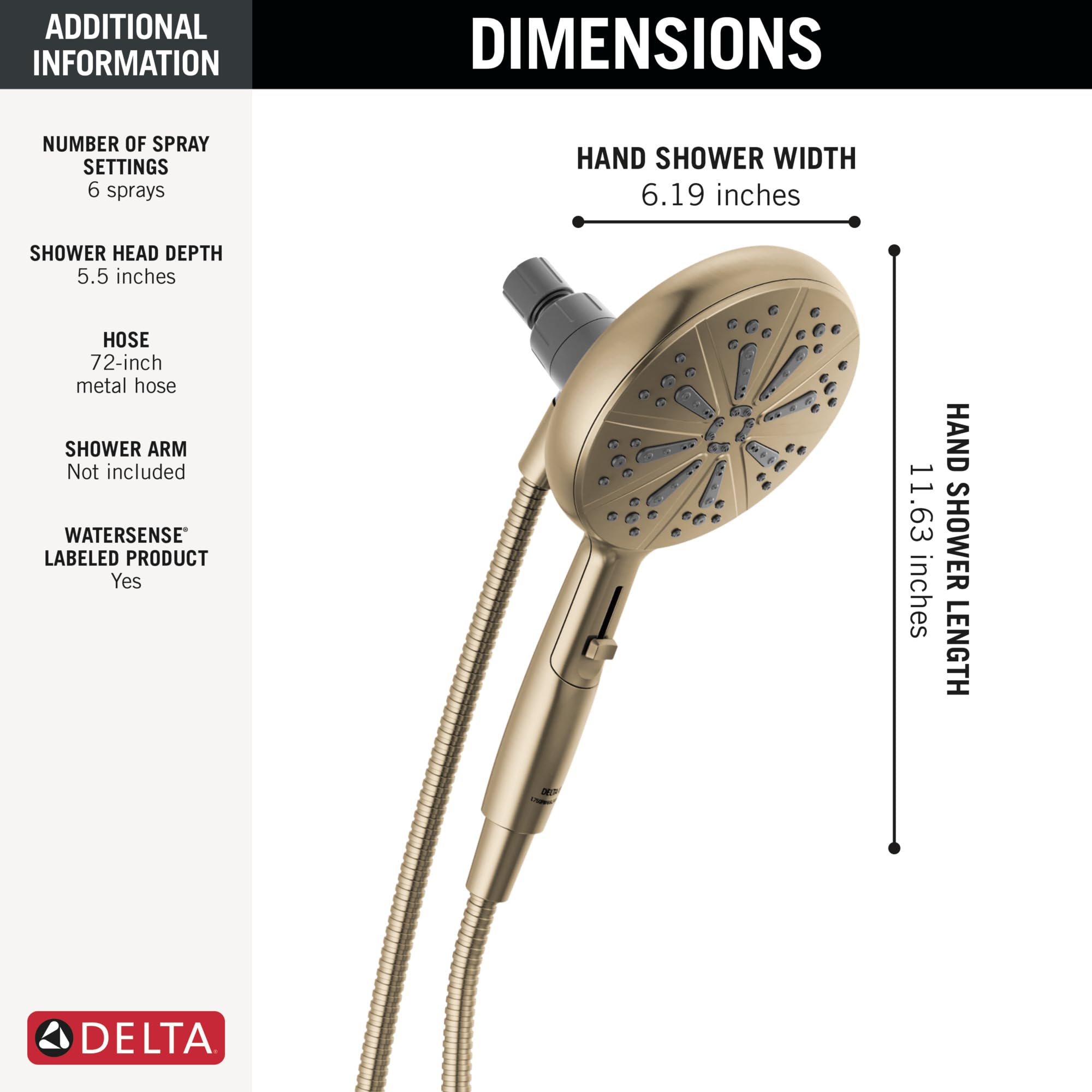 Delta Faucet 6-Spray SureDock Magnetic Shower Head with Handheld Spray - Champagne Bronze 75613-CZ | Adjustable Rainfall & Massage Modes | Gold Finish Bathroom Shower Head with Hose | Perfect for Spa-Like Relaxation & Easy Cleaning