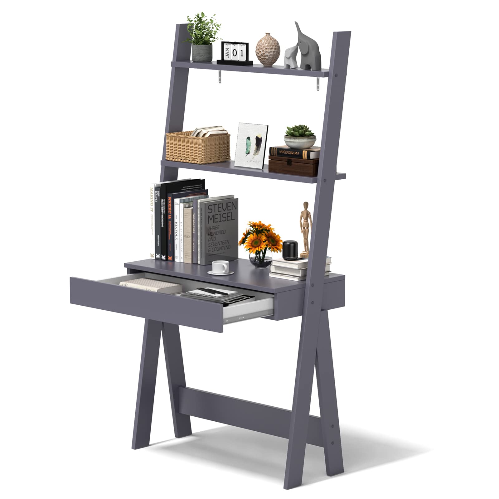 Tangkula Freestanding Ladder Desk with Countertop & Drawer - 2-Tier Modern Computer Desk with Storage Bookshelf, Anti-Tip Design for Home Office, Study or Dorm Room (Grey) - Perfect for Small Spaces, Work from Home & Student Study Areas