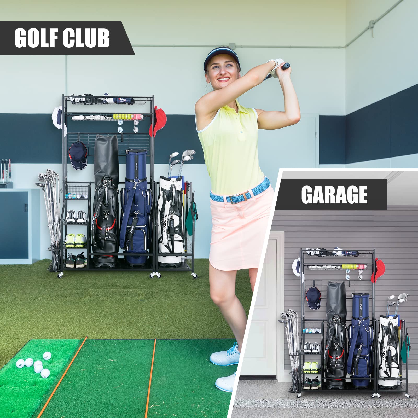 Mythinglogic Golf Bag Storage Stand - 2 Golf Bags Holder with 4 Removable Hooks & Accessories Organizer - Perfect for Garage, Basement, or Clubhouse Storage - Keep Golf Clubs & Equipment Neatly Displayed