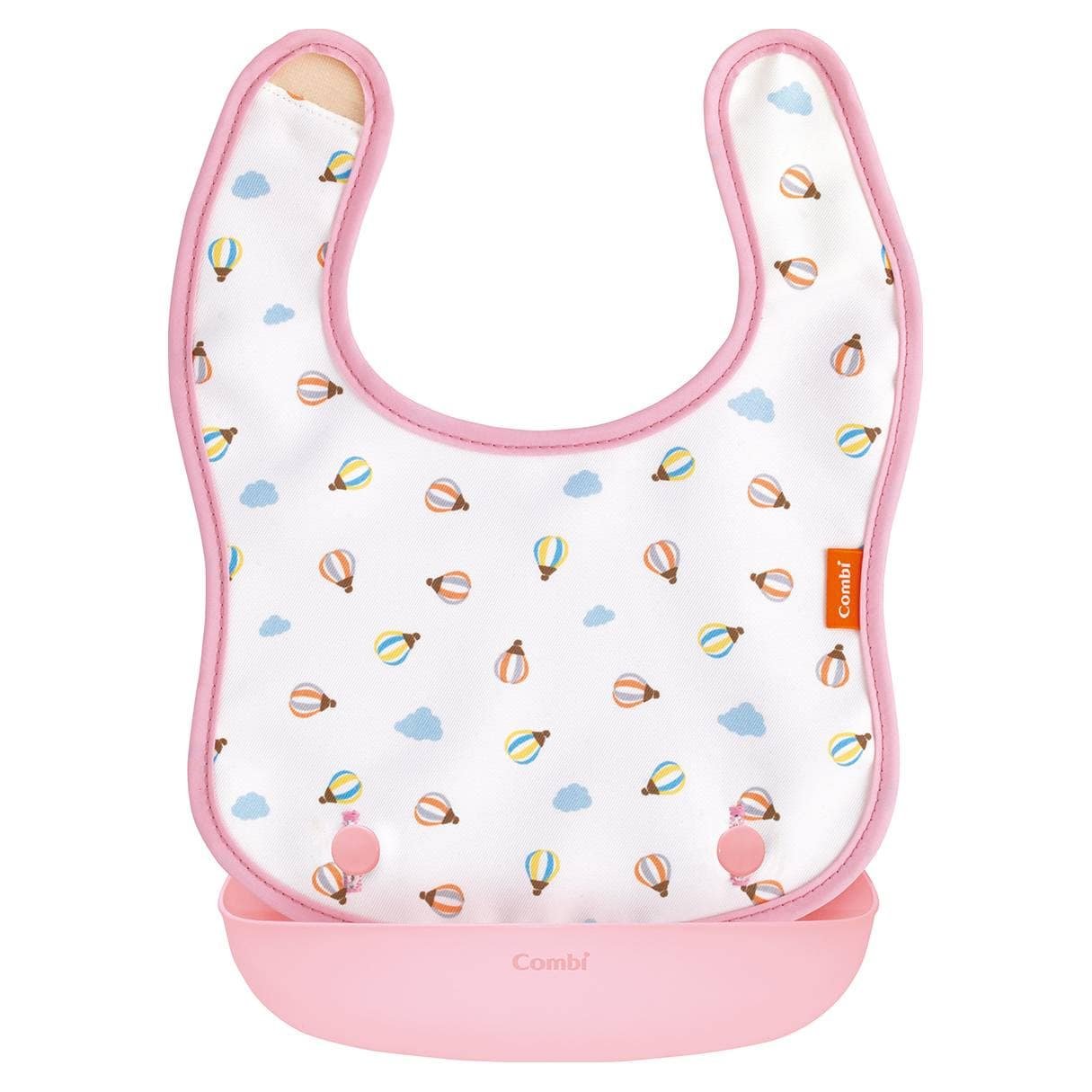 Combi Japan Easy to Clean Baby Bib with Pocket - Cute Hot Air Balloon Design for Messy Eaters, Toddler Mealtime & On-the-Go Feeding