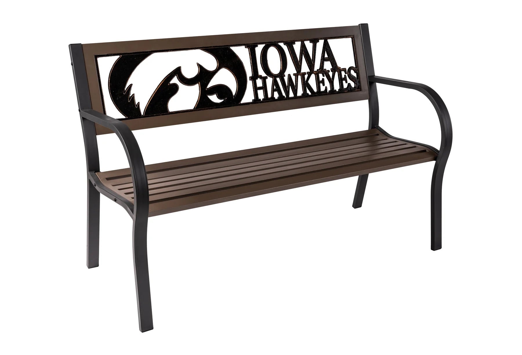 Iowa Hawkeyes Outdoor Bench - 2-Tone Steel Garden Bench for Patio, Lawn & Backyard - Durable Weather-Resistant College Team Bench by Painted Sky - Perfect for Game Day Tailgating, Sports Fan Decor & Outdoor Seating