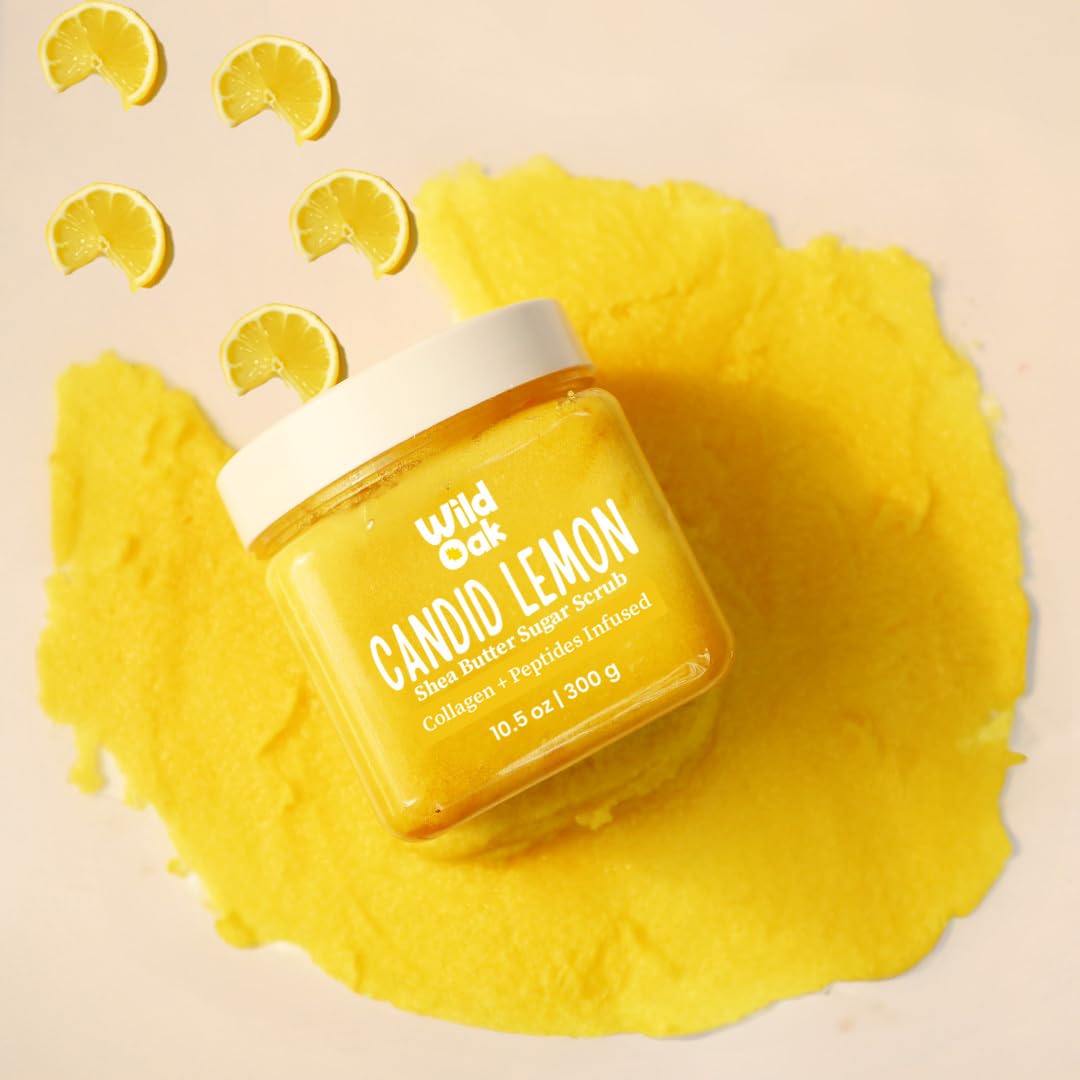 WildOak Candid Lemon Shea Butter Sugar Body Scrub with Collagen & Peptides - Exfoliating & Hydrating Tan Removal Scrub for Dark Areas, Neck, Elbows, Bumpy Skin - 10.58 oz | Perfect for Spa Day, Self-Care Routine & Dry Skin Treatment