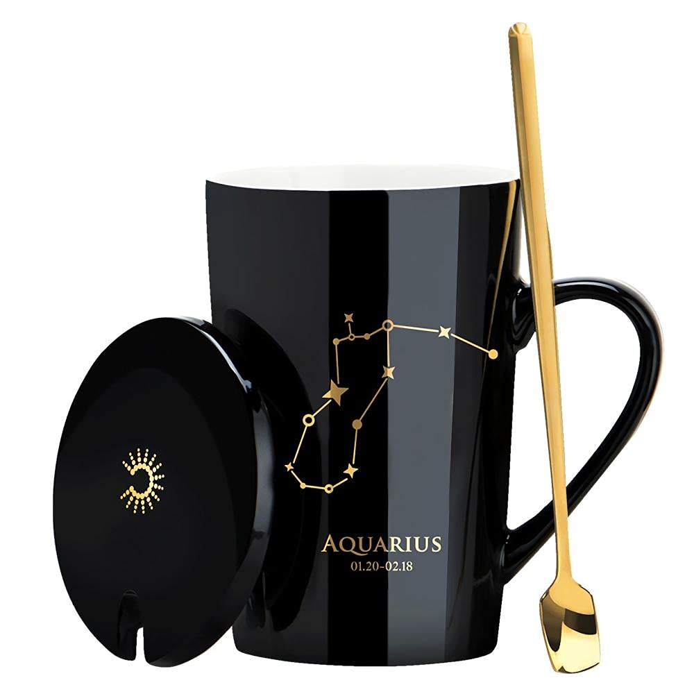 12 Constellation Ceramic Mugs with Spoon Lid - 400ml Astrology Coffee Cups for Milk, Tea & Hot Drinks - Perfect Gift for Aquarius & Zodiac Sign Lovers (Black) - Ideal for Home, Office & Cafe Use