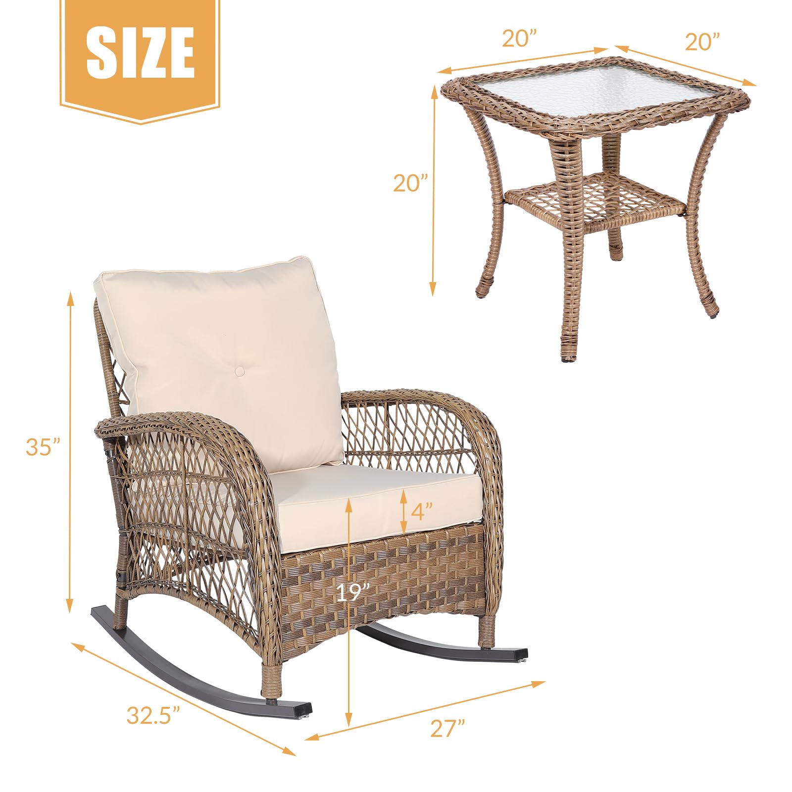 3-Piece Outdoor Patio Bistro Rocking Chair Set - Rattan Wicker Rocker Chairs with Cushions & Glass-Top Coffee Table - Beige Conversation Set for Porch, Backyard, Garden & Poolside Relaxation