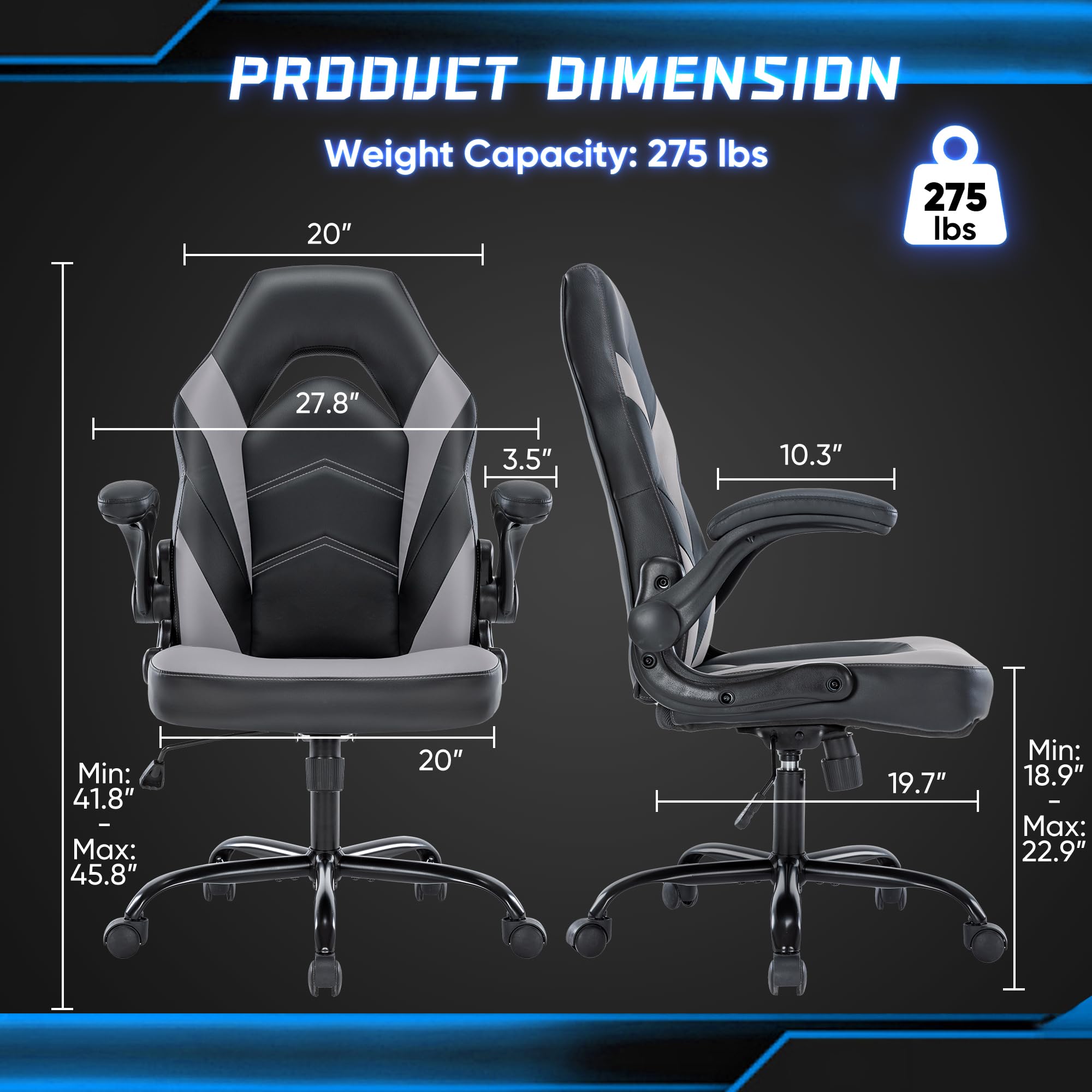 OLIXIS Big and Tall Office Desk Leather Gaming Computer Chair with Adjustable Swivel Task & Flip-Up Arms - Ergonomic Executive Chair for Adults & Teens (Grey) - Perfect for Home Office, Gaming Setup & Workspace