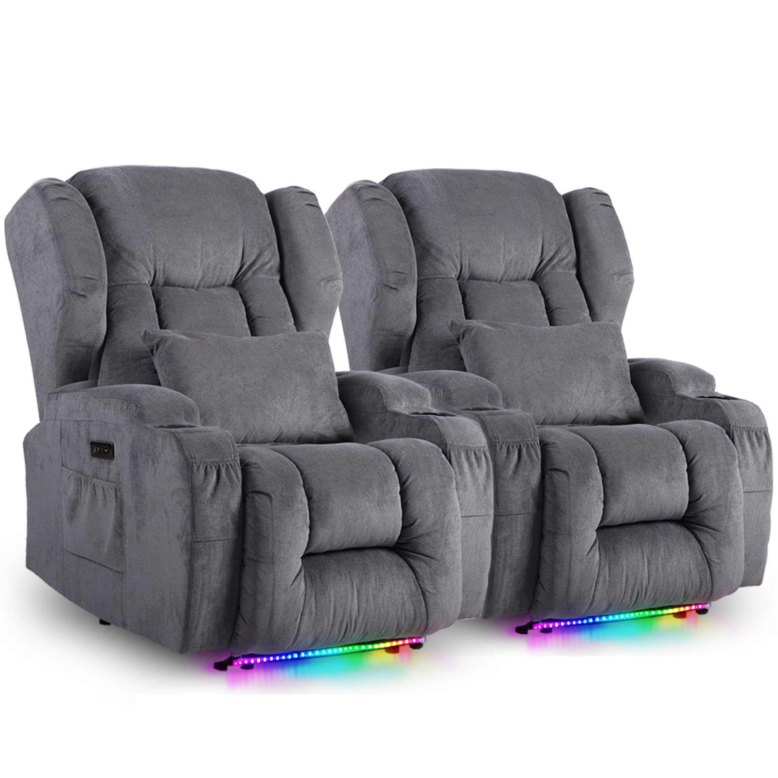 2PC Power Recliner Chair Set with Massage & Heat - Home Theater Seating with LED Lights & USB Ports, Reclining Sofa Chairs for Living Room, Game Room or Movie Theater - Includes Cup Holders & Remote Control - Perfect for Relaxing, Gaming & Movie Nights