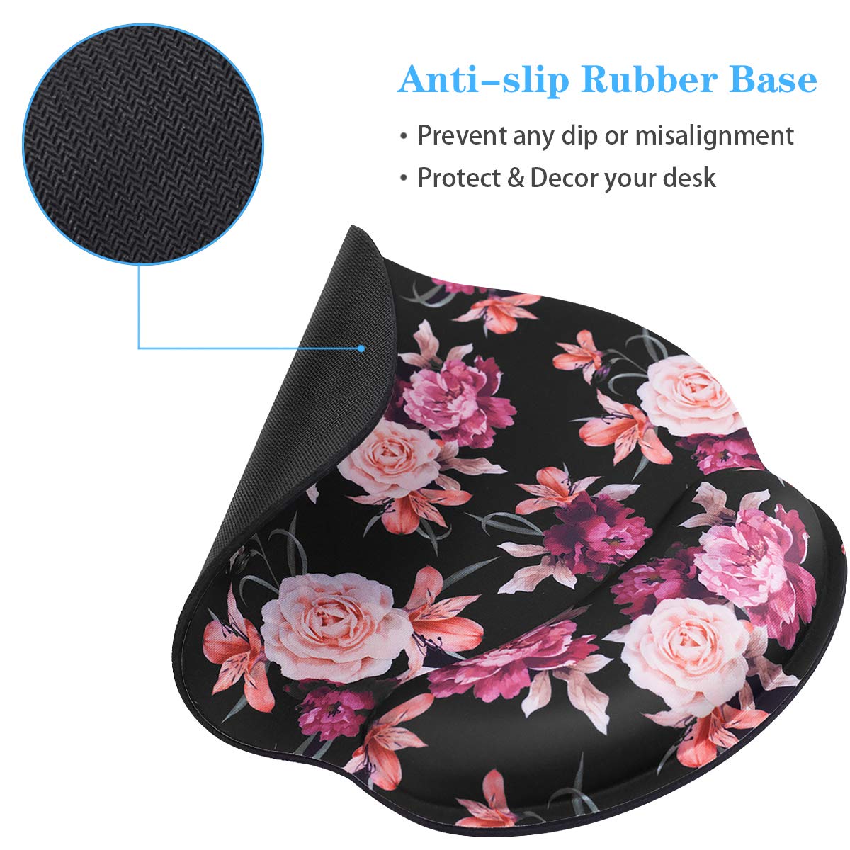 Waveyu Ergonomic Mouse Pad with Wrist Support - Cute Floral Design Non-Slip Rubber Base Mouse Mat for Laptop & Computer (Black Flower Pattern) - Perfect for Office, Gaming & Home Workspace Comfort