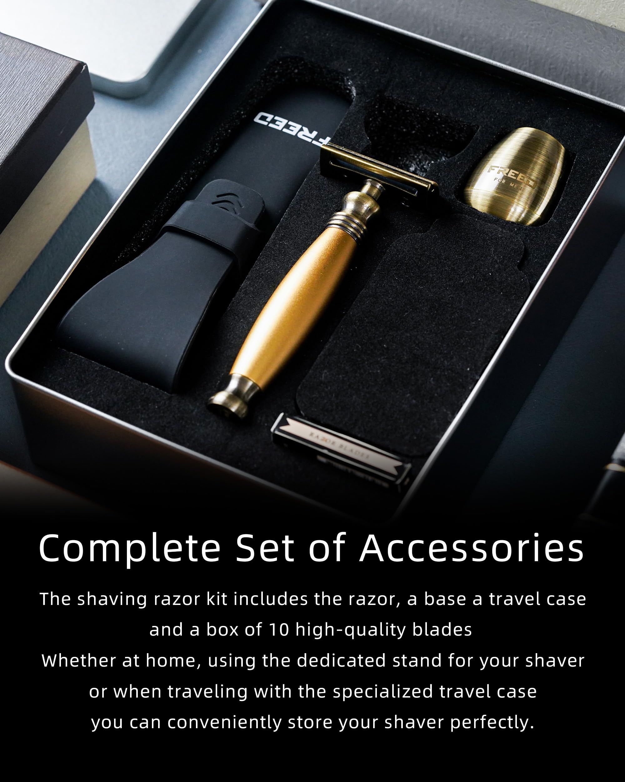 Premium Bronze Engraved Men's Shaving Kit - Metal Handle Safety Razor with Travel Case, Stand & 10 Blades - Perfect Gift for Father's Day, Birthday & Anniversary - Luxury Wet Shaving Experience for Home & Travel
