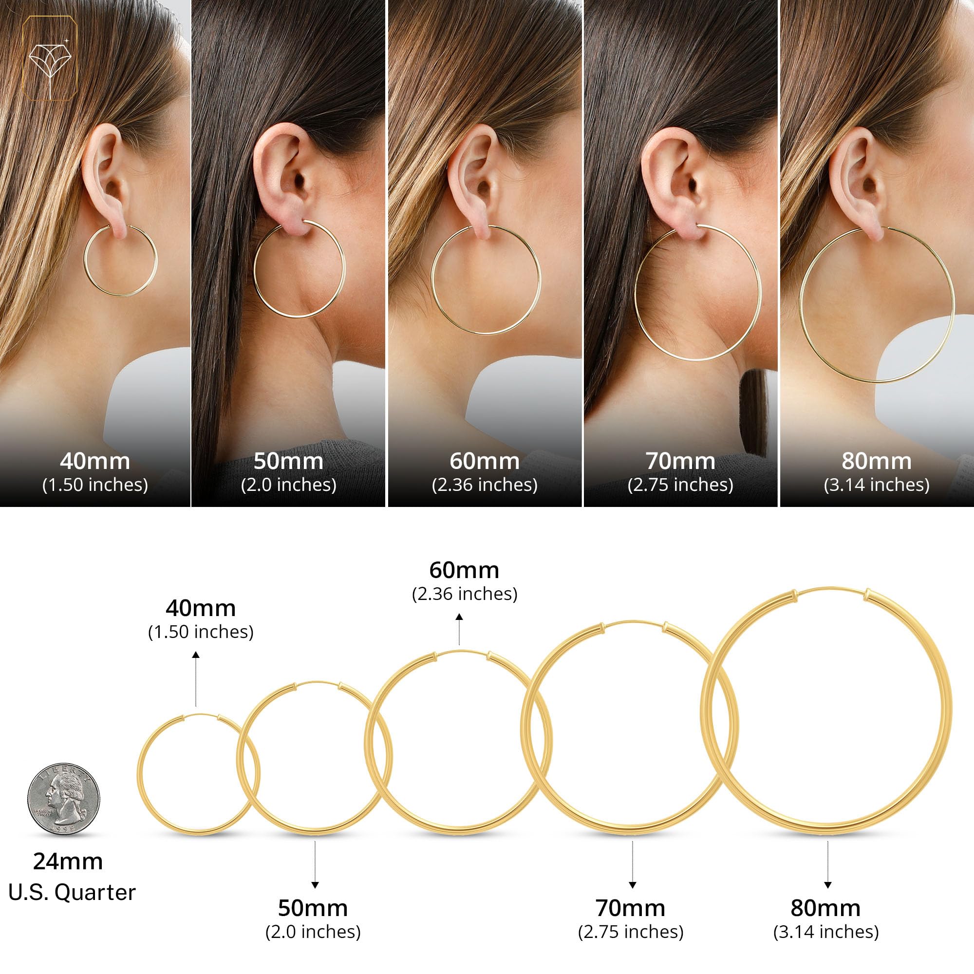 MAX + STONE 14k Solid Gold Hoop Earrings for Women - 2mm Tube, 33mm (1.3 Inch) Continuous Flex Design - Elegant Everyday & Special Occasion Jewelry Gift