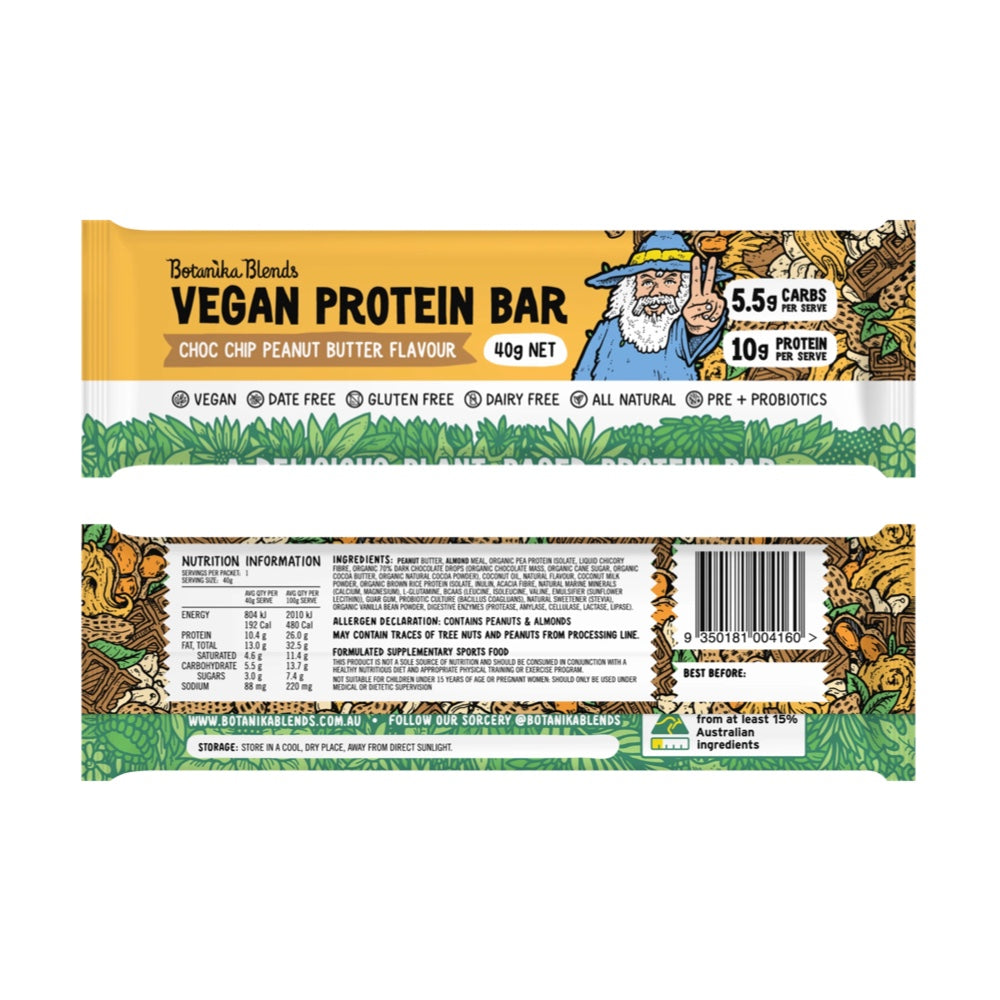 BOTANIKA BLENDS Vegan Protein Bars - Chocolate Chip Peanut Butter Flavor, 12 Pack (40g Each) | High Protein Snack for Fitness, Gym & Healthy On-the-Go Lifestyle
