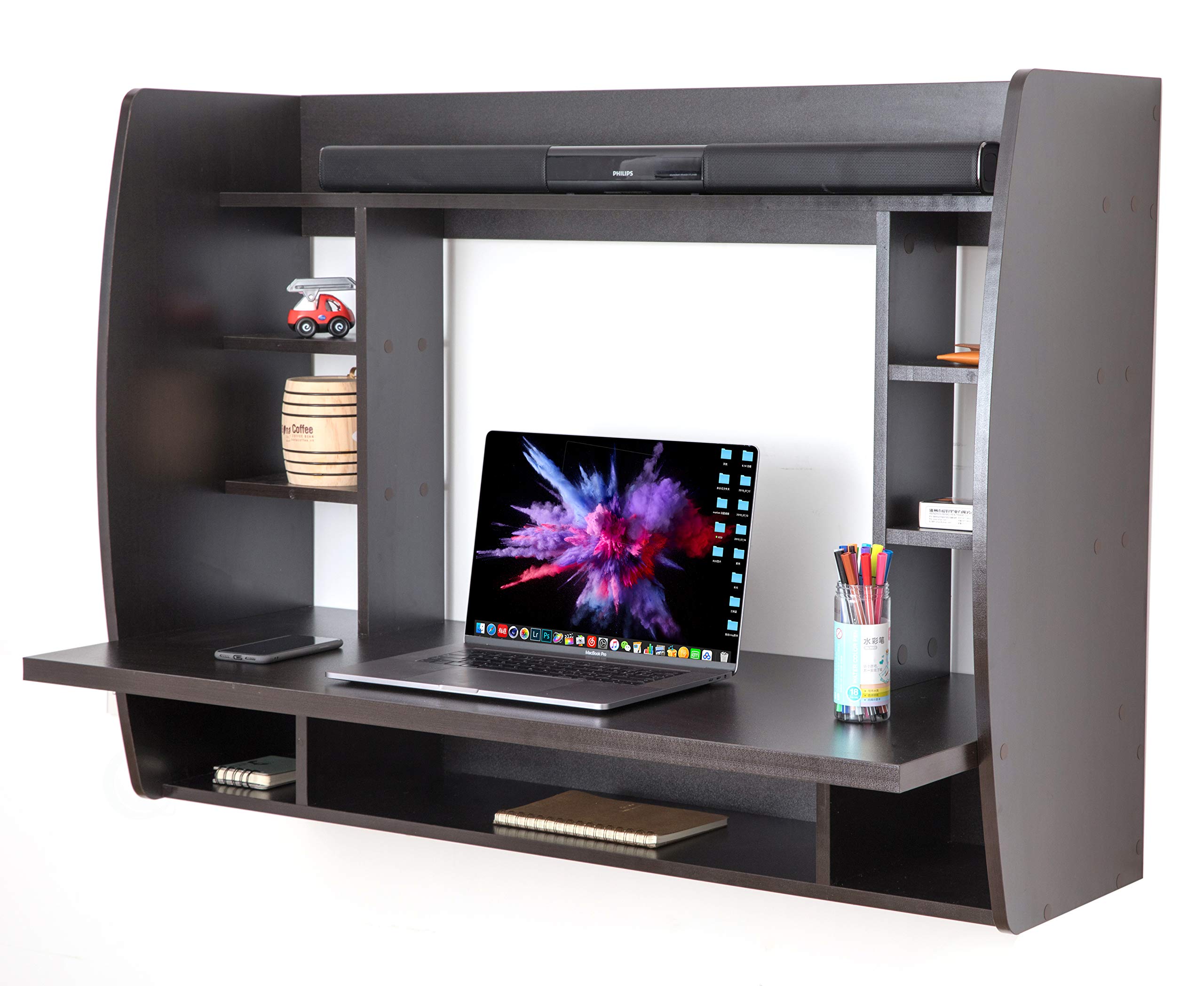 Basicwise Wall Mount Laptop Desk with Shelves - Space Saving Home Office Workstation for Small Spaces, Black - Perfect for Remote Work & Study Setup