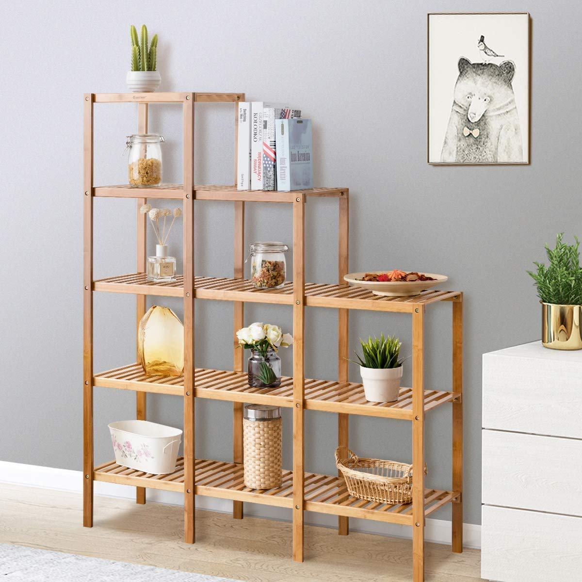 Squareful 5-Tier Bamboo Shelf with 9 Pots - Multifunctional Plant Display Stand for Indoor Outdoor Use - Perfect for Balcony, Bathroom, Kitchen, Living Room Decor & Small Space Organization