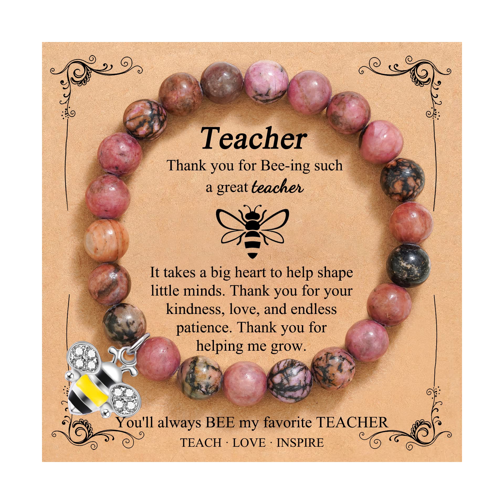 Teacher Bracelet Gift for Women - Natural Stone Jewelry with Apple Bee Charm for Graduation & Appreciation - Class of 2024
