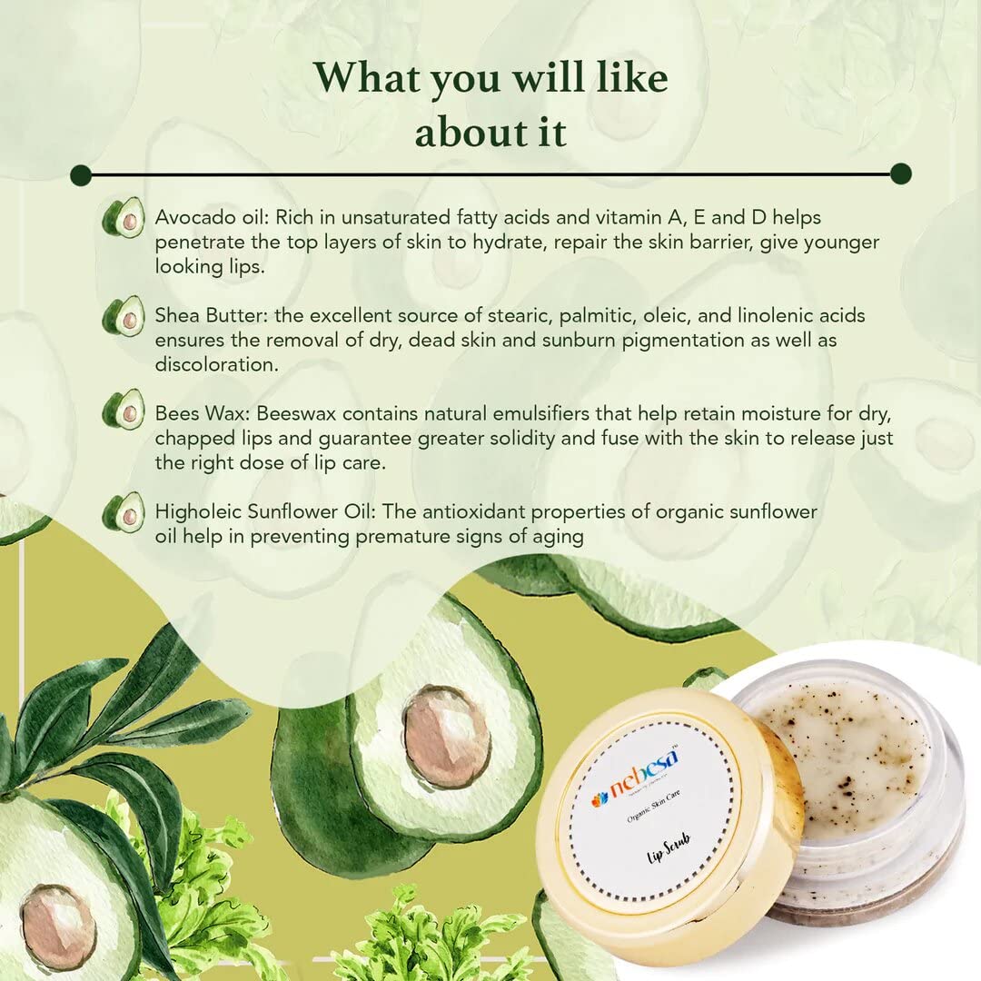 Nebesa Organics Avocado Lip Scrub - 8g Natural Exfoliator for Soft, Smooth Lips | Perfect for Dry, Chapped Lips Care Routine