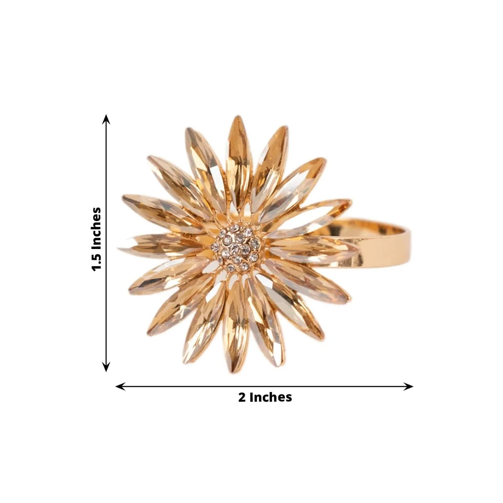 4 Pack Daisy Floral Metal Napkin Rings with Rhinestone Accents - Amber Gold Napkin Holders for Wedding, Bridal Shower & Spring Table Decor