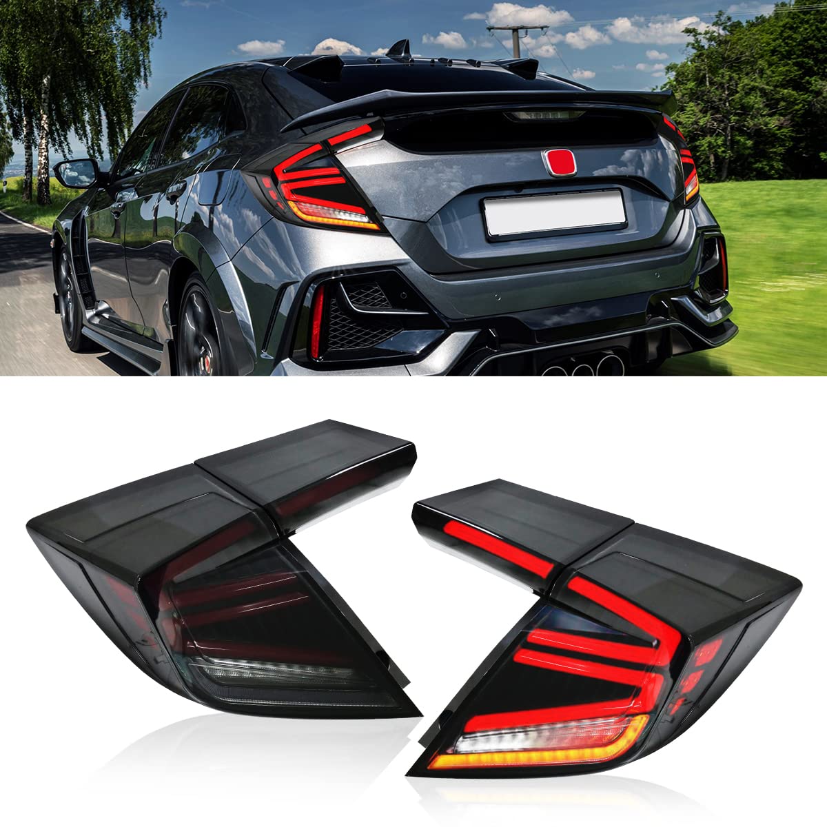 2016-2020 Honda Civic Type R Hatchback LED Tail Lights - Smoked Lens Sequential Turn Signal & DRL Brake Light Assembly - Perfect for Night Driving & Car Customization
