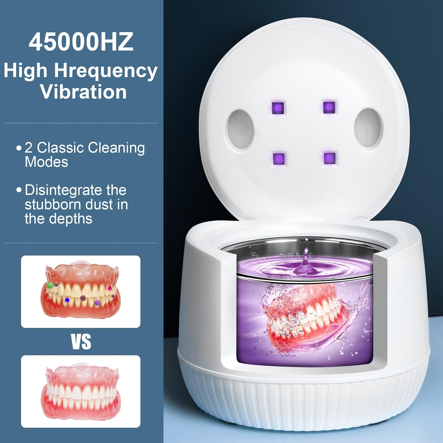 Ultrasonic Cleaner for Dentures & Jewelry - 45kHz Portable U-V Cleaning Machine for Aligners, Watch Bands & Makeup Brushes - Stainless Steel Design