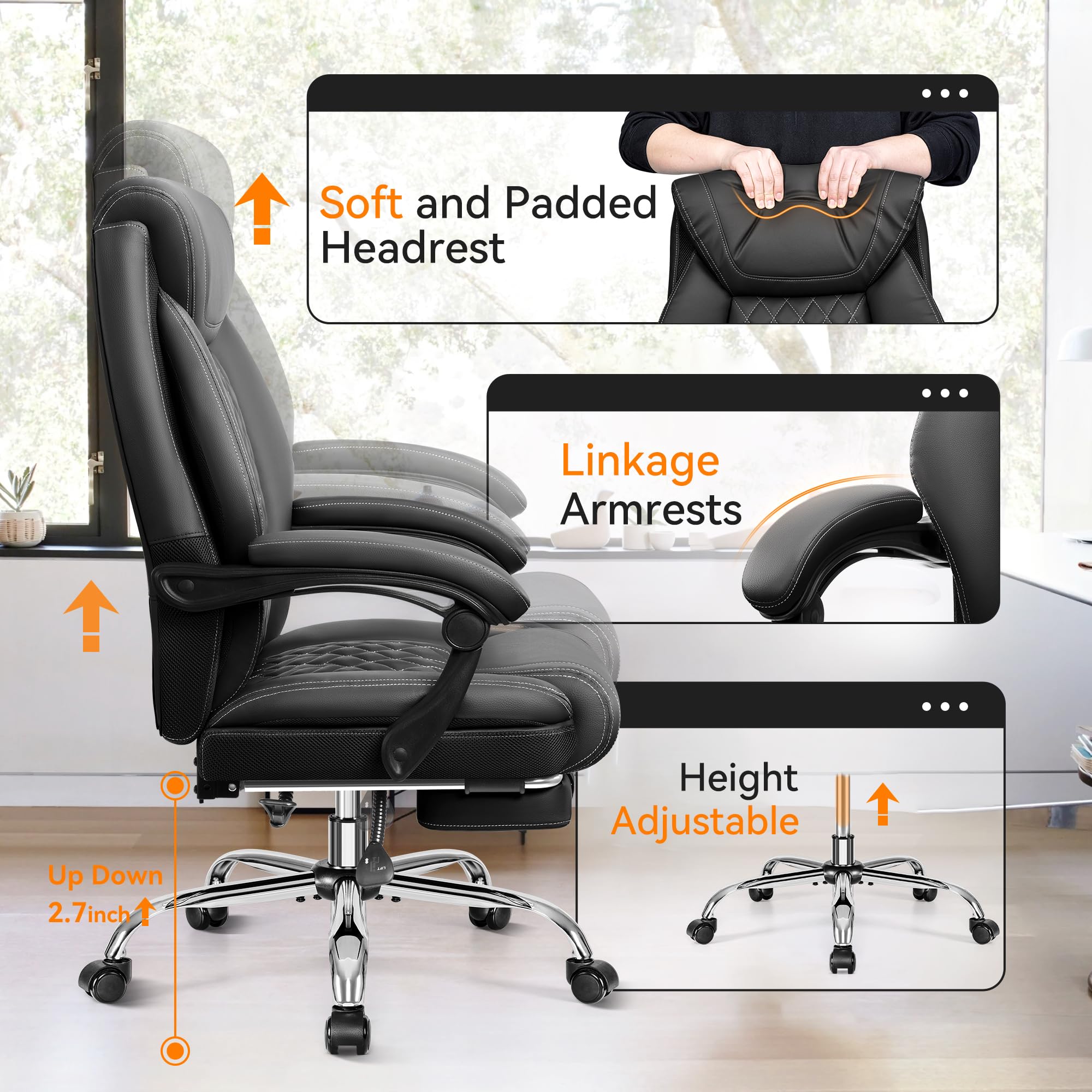 Premium Executive Leather Office Chair - Adjustable High Back Ergonomic Computer Desk Chair with Lumbar Support & Footrest - Big and Tall Comfortable Reclining Chair for Home Office, Conference Room & Gaming Setup