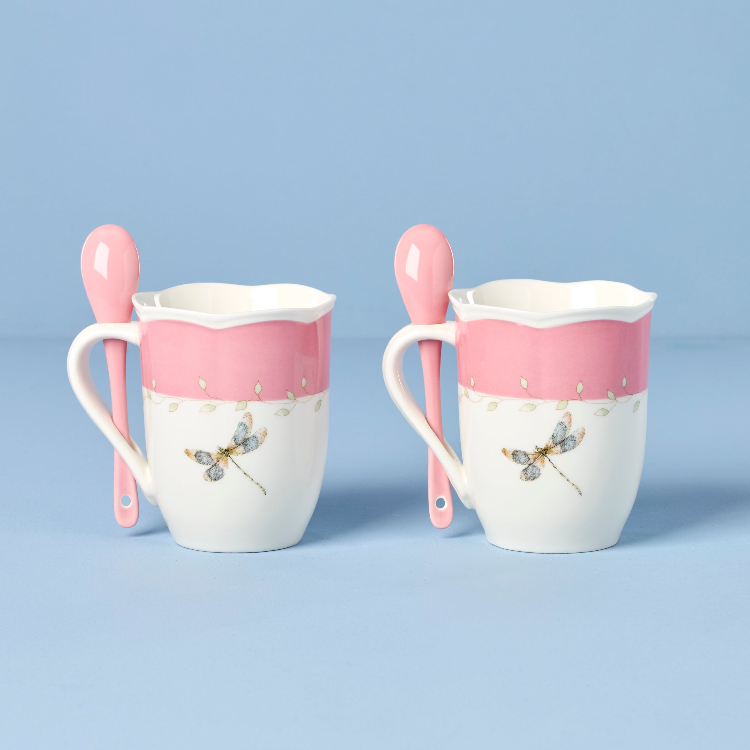 Butterfly Meadow Pink Coffee Mugs with Spoons - Set of 2 Ceramic Tea Cups for Home, Office & Gift Giving | Perfect for Morning Coffee, Afternoon Tea & Cozy Moments