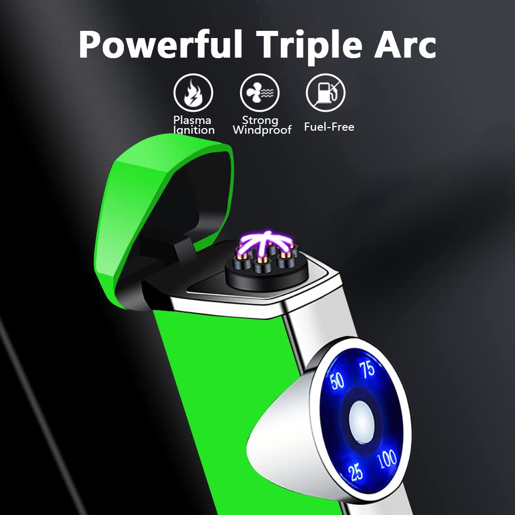 SKRFIRE Electric Triple Arc Plasma Lighter - USB Rechargeable, Windproof & Flameless, Portable Lighter with Digital Power Display for Candles, Fireworks, Camping, BBQ, Outdoor Adventures (Green)