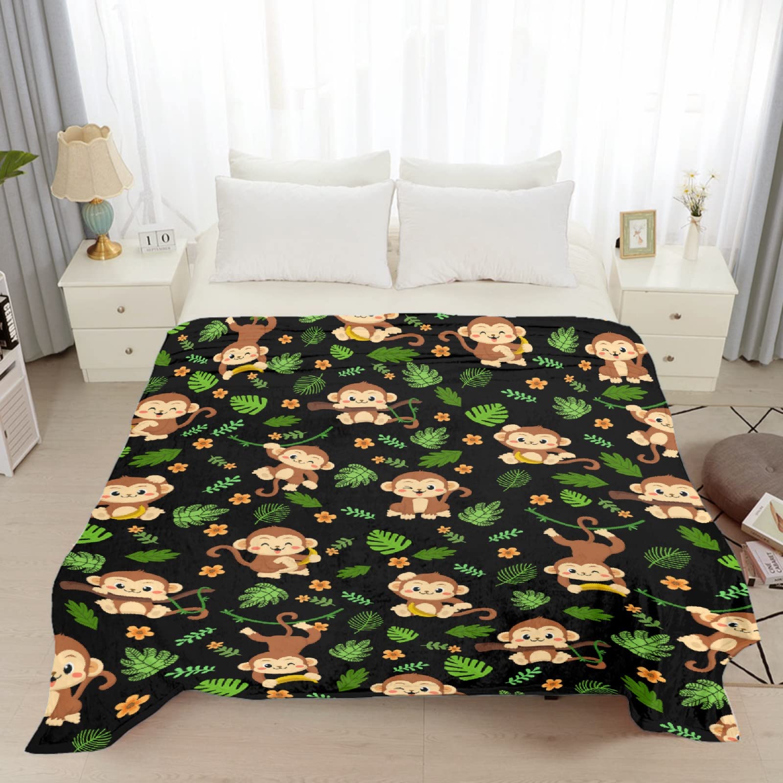 Soft Plush Monkey Print Blanket - XL 120x90 Inch Lightweight Animal Throw for Bed, Sofa & Couch - Cozy Home Decor Gift for Men & Women - Perfect for Family Movie Nights, Camping & Winter Snuggles