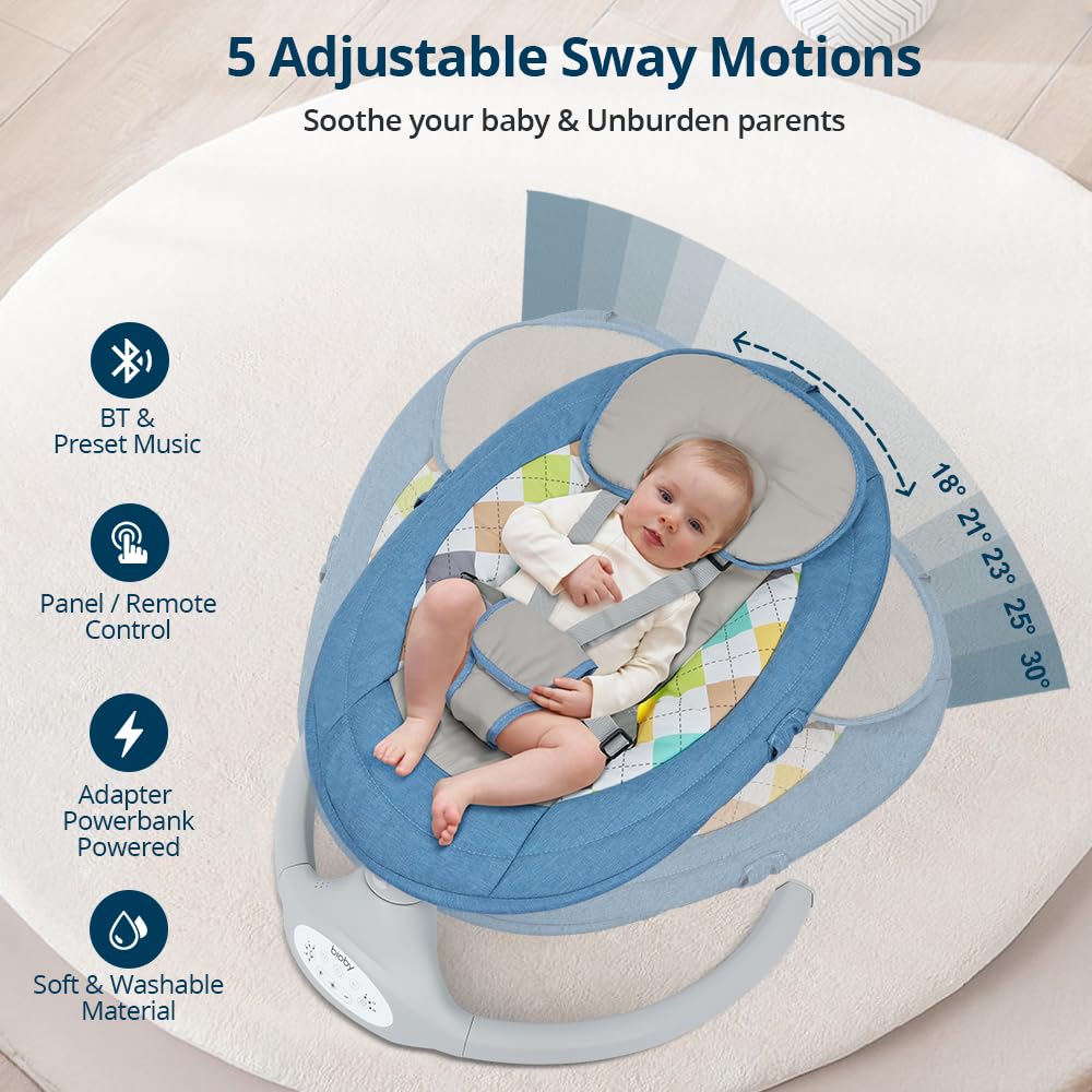 Bioby Baby Swing for Infants 0-12 Months - Portable Infant Rocker with 5 Speed Settings, Bluetooth Music, Remote Control & 5-Point Safety Harness - Lightweight Baby Bouncer for Newborns 5-20 lbs (Blue) - Perfect for Nursery, Living Room & Travel