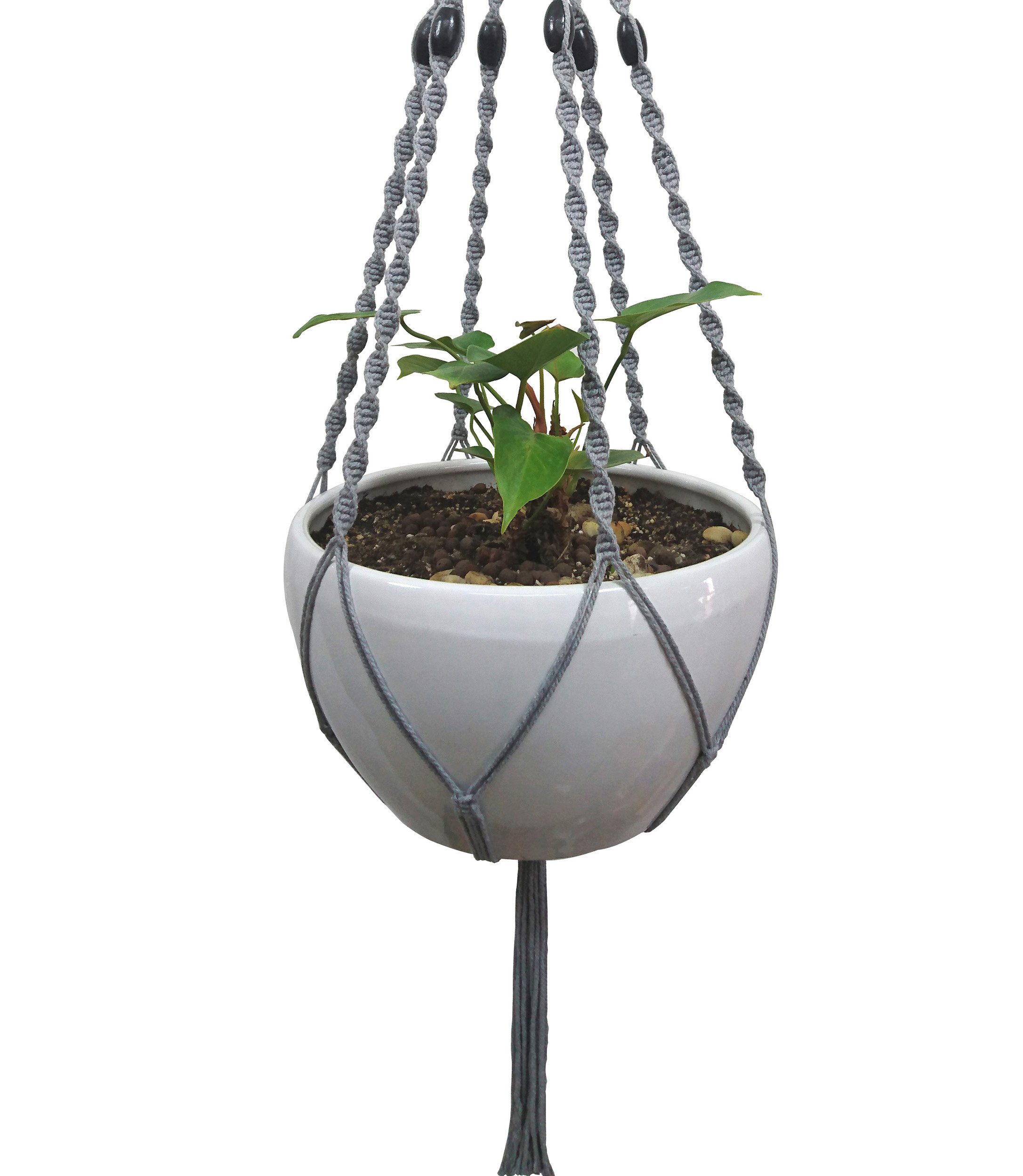 6-Leg Macrame Plant Hanger - 51 Inch Gray Cotton Hanging Basket Holder with Metal Ring for Indoor Plants | Boho Home Decor for Living Room, Bedroom, Porch & Patio