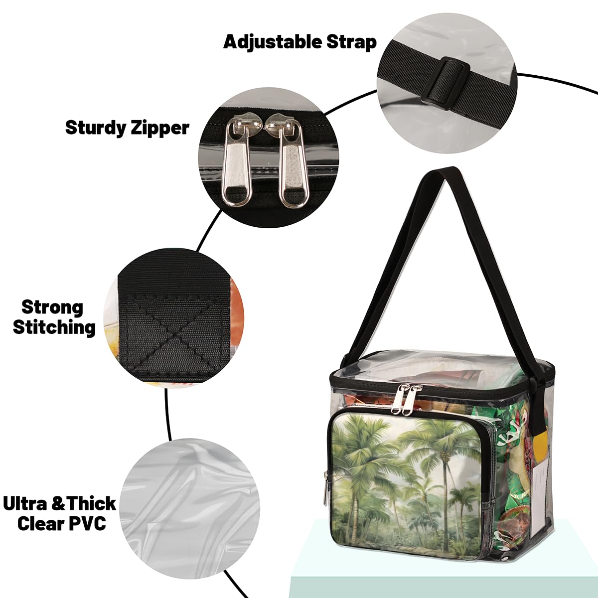 GzLeyigou Clear Coconut Palm Tote Bag with Handles - Transparent Crossbody Shoulder Bag for Lunch, Beach & Outdoor Activities | Perfect for Travel, Picnic, Concerts & Sports Events | Stadium Approved Tropical Design