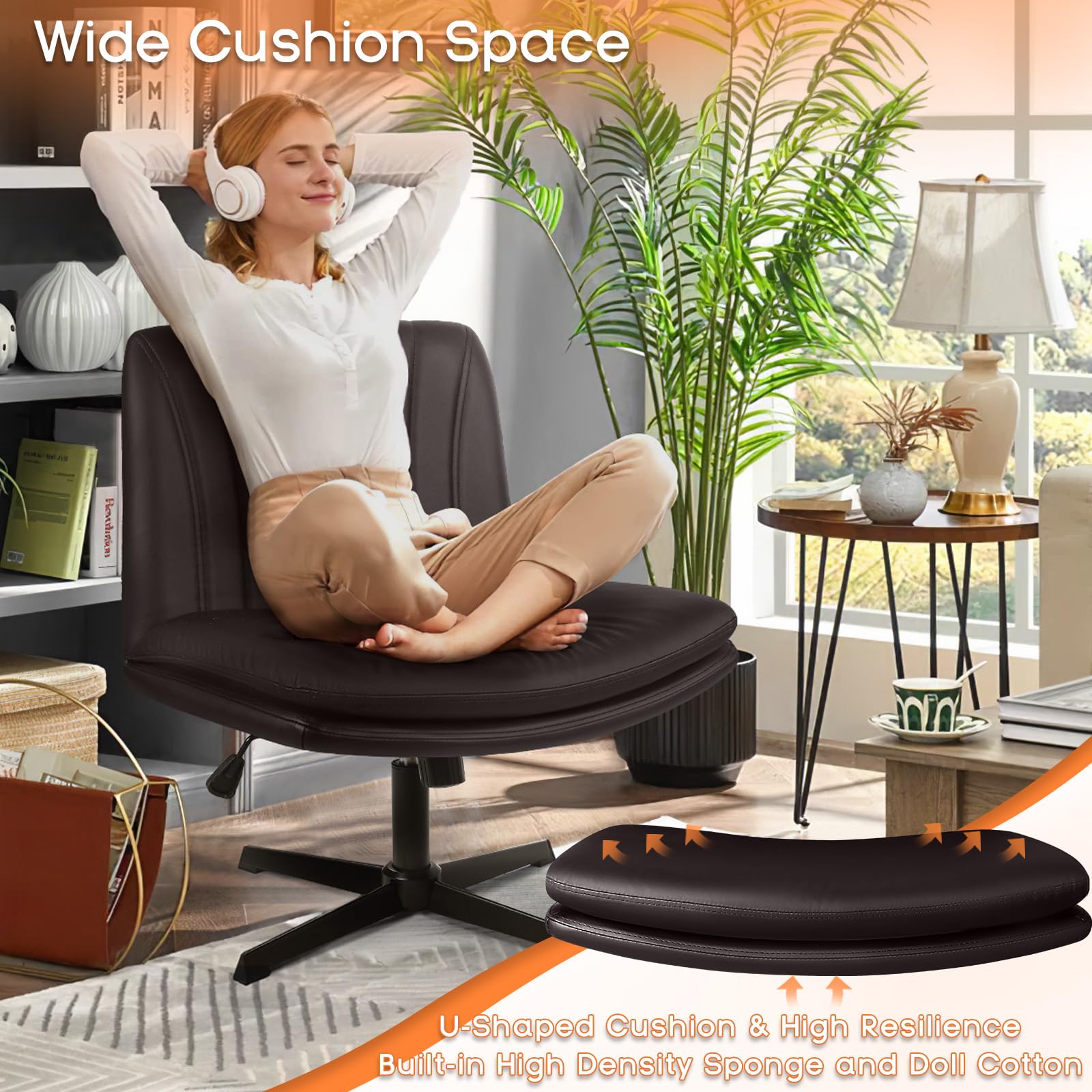 PUKAMI Criss Cross Legged Office Chair - Armless PU Leather Swivel Desk Chair with Height Adjustable Wide Seat & Mid Back Support - Modern Home Office Computer Task Chair for Working, Studying & Vanity Makeup