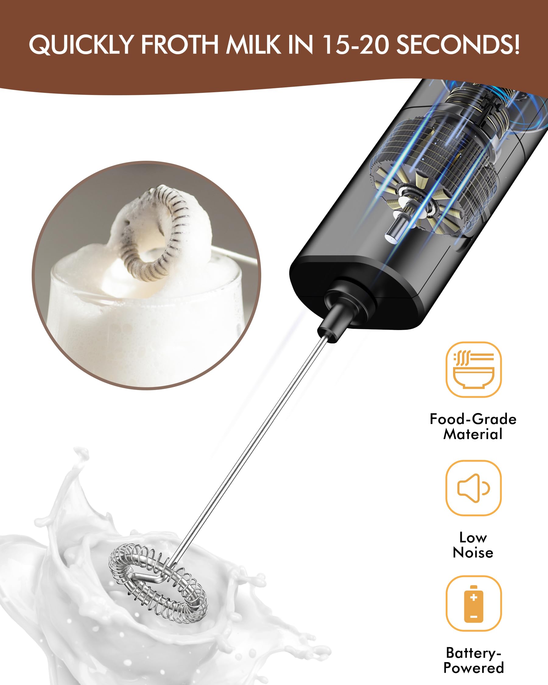 Electric Milk Frother Handheld - Battery Operated Foam Maker for Coffee, Latte, Cappuccino, Matcha & Protein Shakes - Portable Mini Whisk for Home, Office & Travel - Black