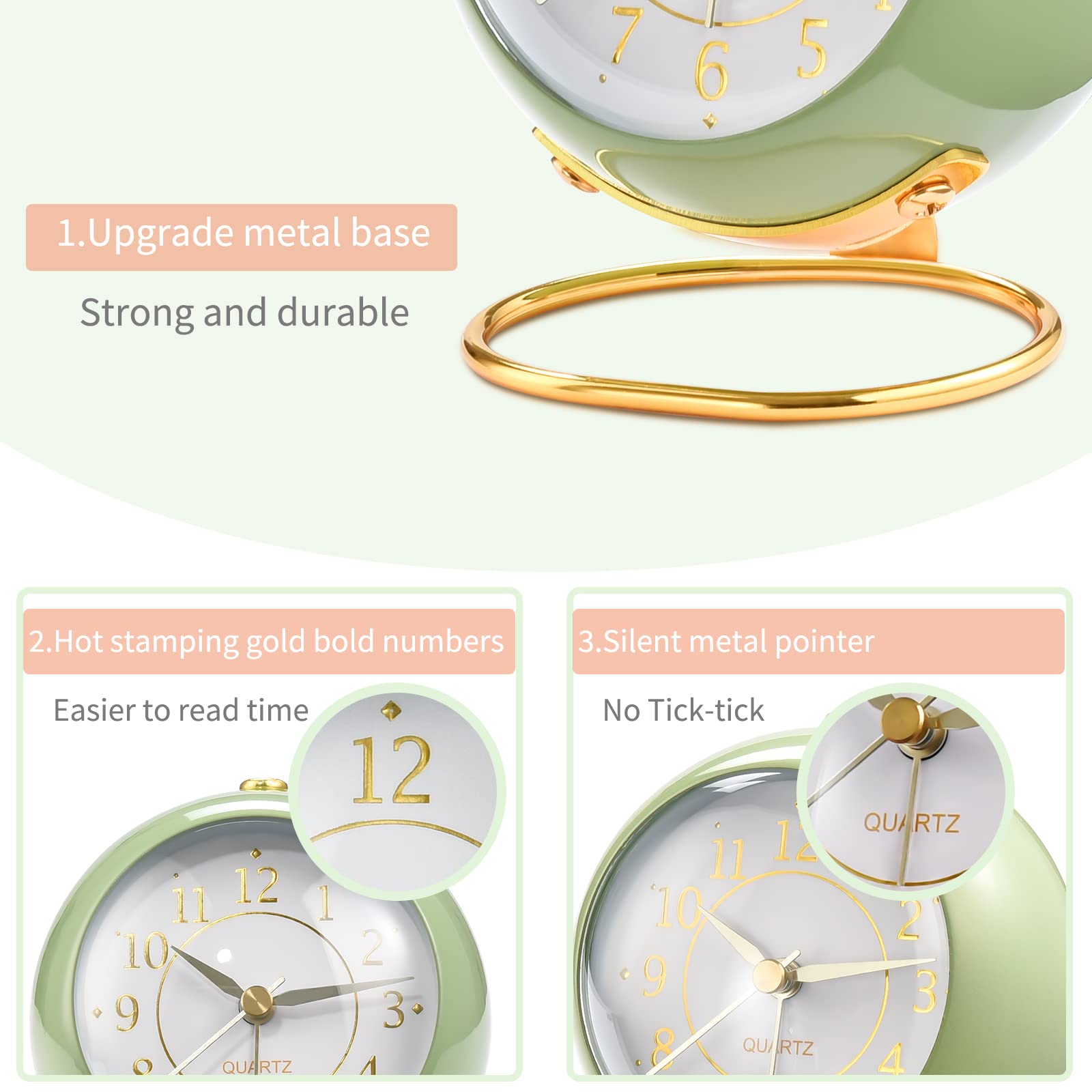 Vintage Analog Alarm Clock with Soft Backlight - Silent Non-Ticking Battery Operated Desk Clock for Kids, Bedroom, Travel & Nightstand - Perfect for Bedtime, Reading & Home Office (Orange)