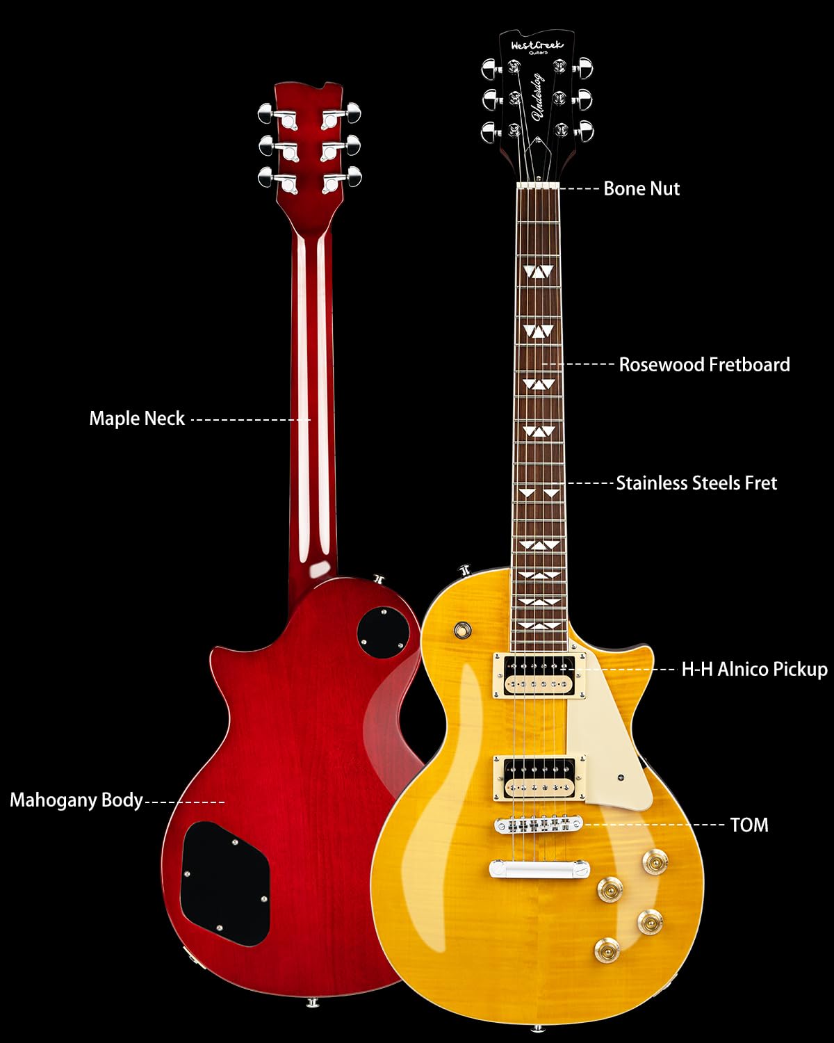 WestCreek Underdog Solid Body Electric Guitar - Mahogany Body, Maple Neck, Rosewood Fretboard - 22 Frets with Bone Nut - Perfect for Rock, Blues & Stage Performance (Amber)