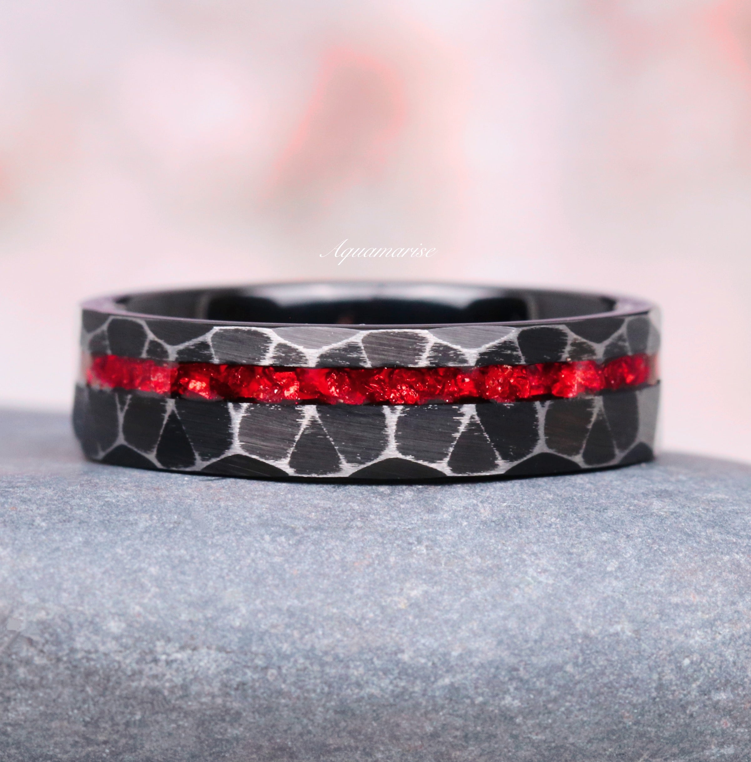 6mm Black Tungsten Wedding Band with Crushed Red Garnet Inlay - Durable & Stylish Ring for Men, Perfect for Engagements, Anniversaries, and Everyday Wear